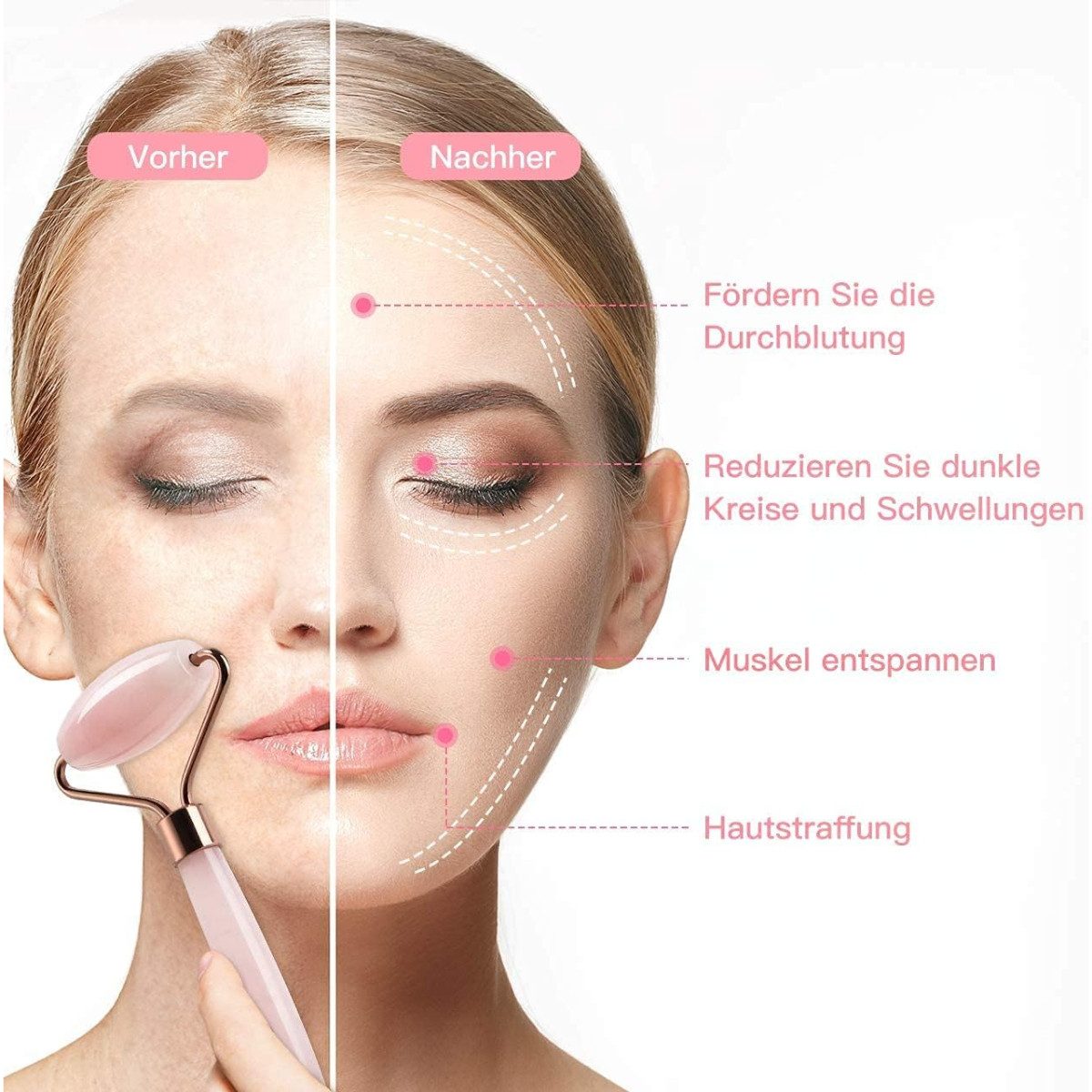 cofi1453 Massageroller Roller & Gua Sha Set aus Rosenquarz – gegen Schwellungen & Falten, Beauty-Set, 3-teiliges Massage-Set, Kühlender Naturstein, Unterstützt  – Bild 5 von 5
