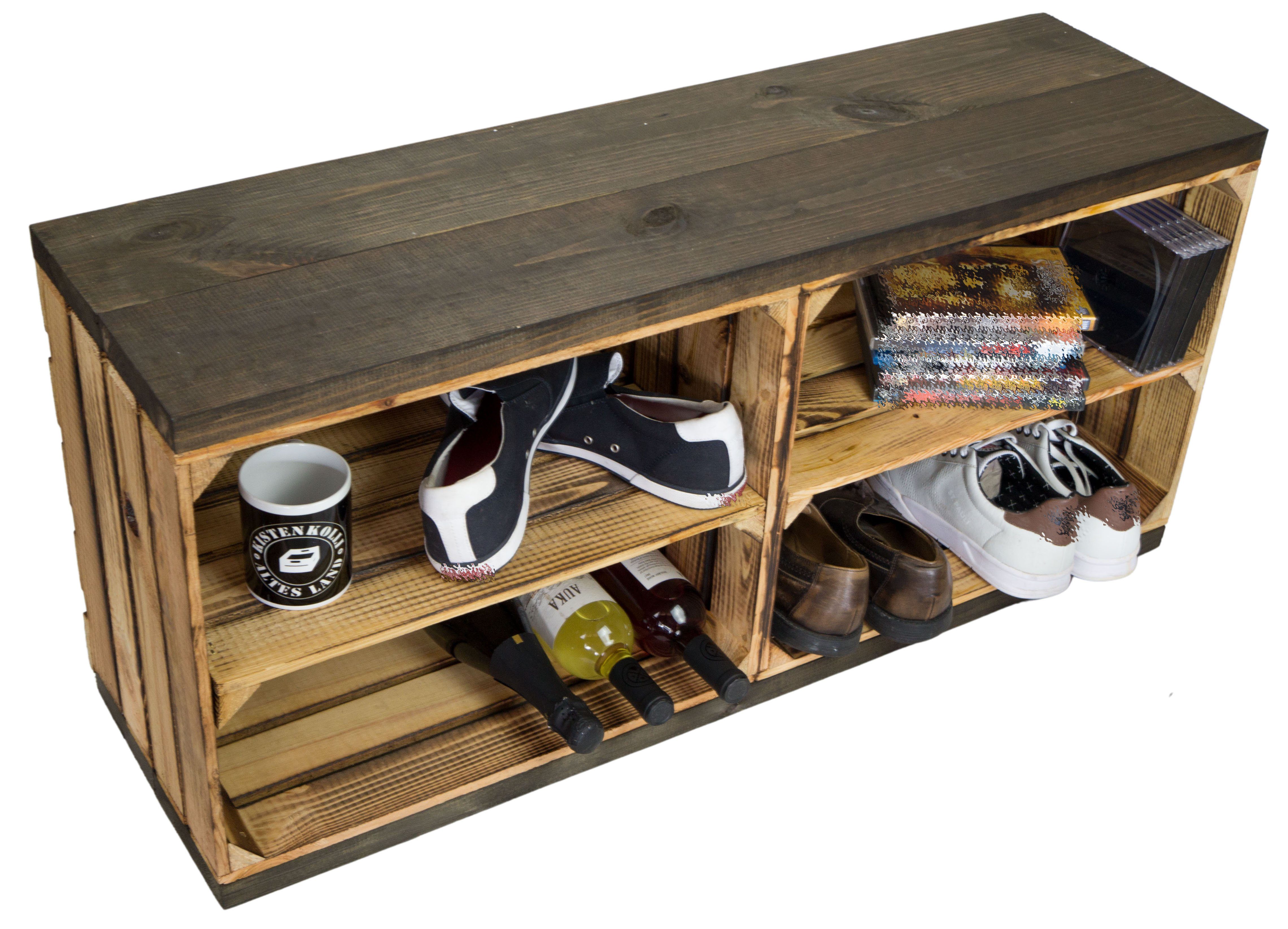 Kistenkolli Altes Land Allzweckkiste Sitzbank geflammt mit Sitzfläche aus dicken schwarzen Holzplanken (1er Set)