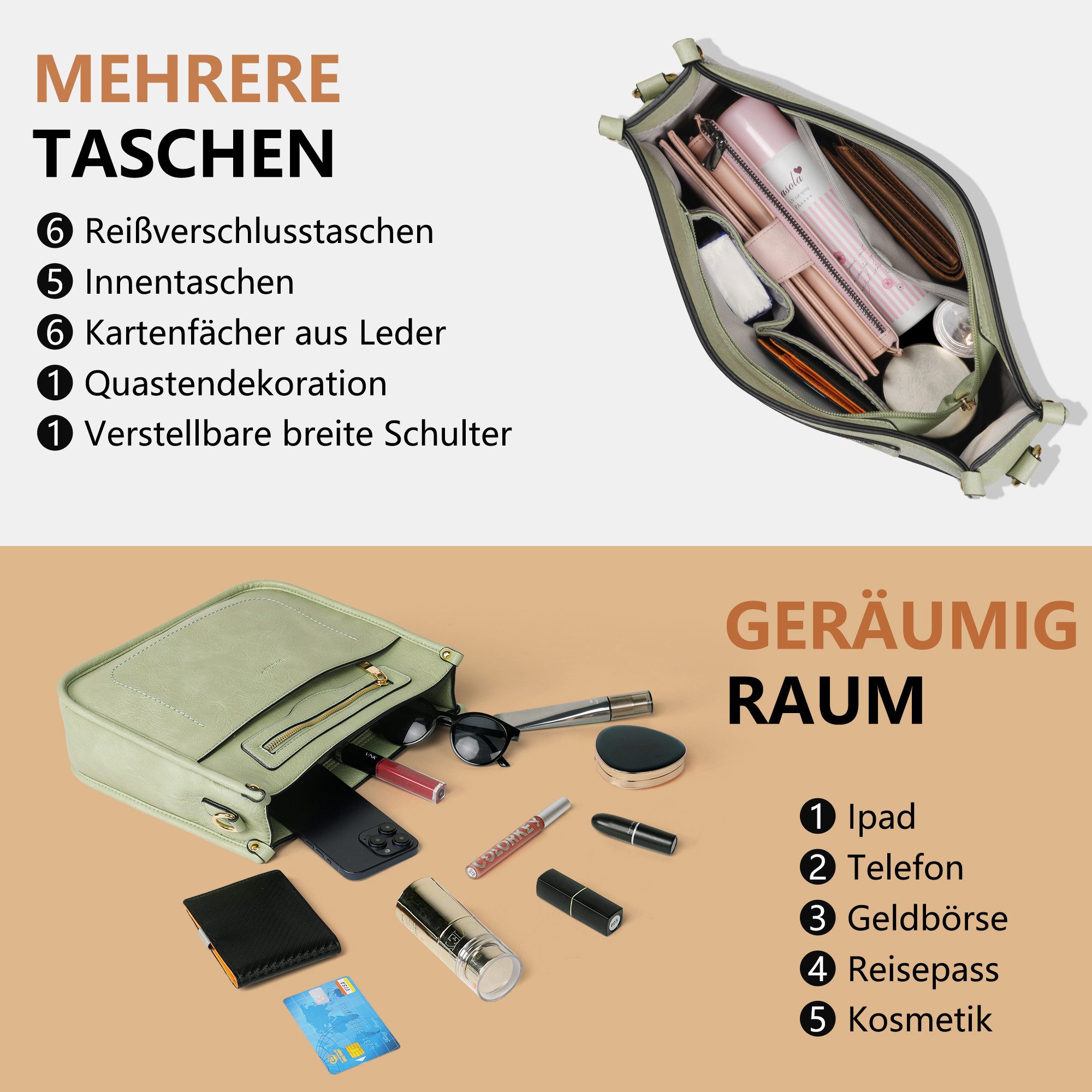 TAN.TOMI Umhängetasche Damen Handtasche mittelgroß Crossbody Bag multi pochette tasche, Damenhandtasche mit Verstellbar Breitem Schultergurt