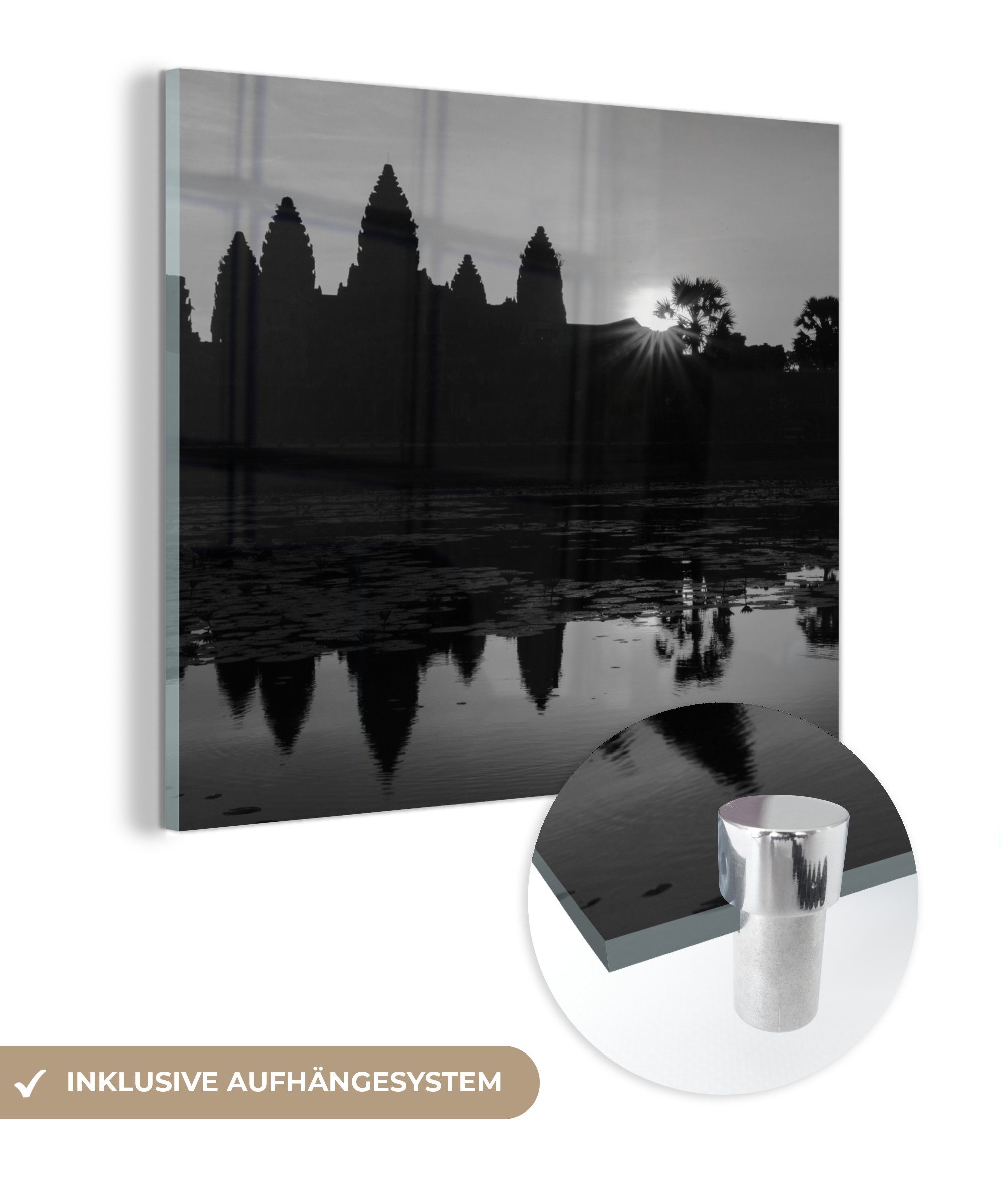 MuchoWow Acrylglasbild Sihouette von Angkor Wat in schwarz-weiß, (1 St), Glasbilder - Bilder auf Glas Wandbild - Foto auf Glas - Wanddekoration