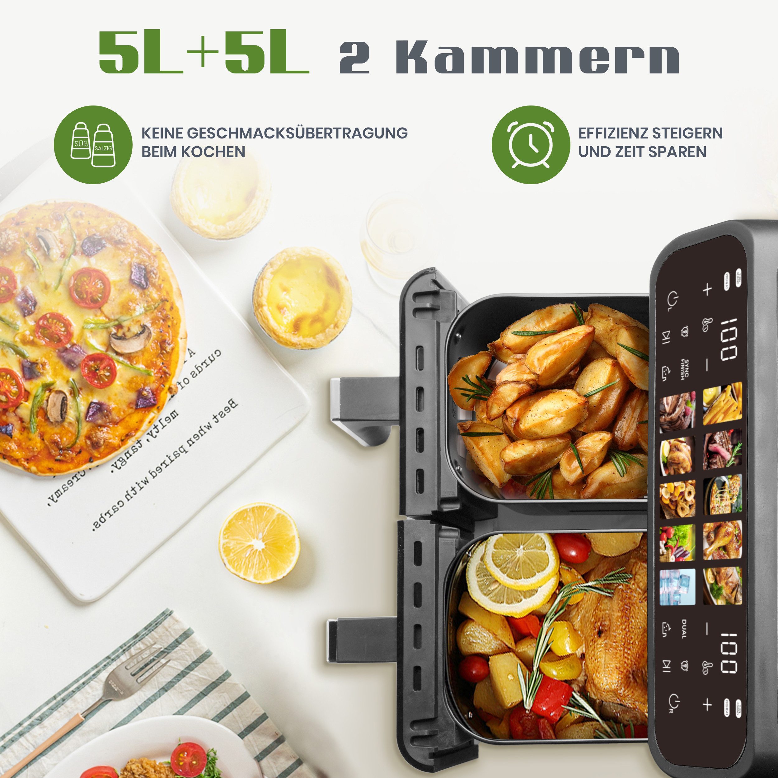 WHEELYOU Heißluftfritteuse 9 L Airfryer – Doppelkammer & LED-Farbbildschirm, 2000,00 W, Gleichzeitiges Garen – knusprig, fettarm und schnell