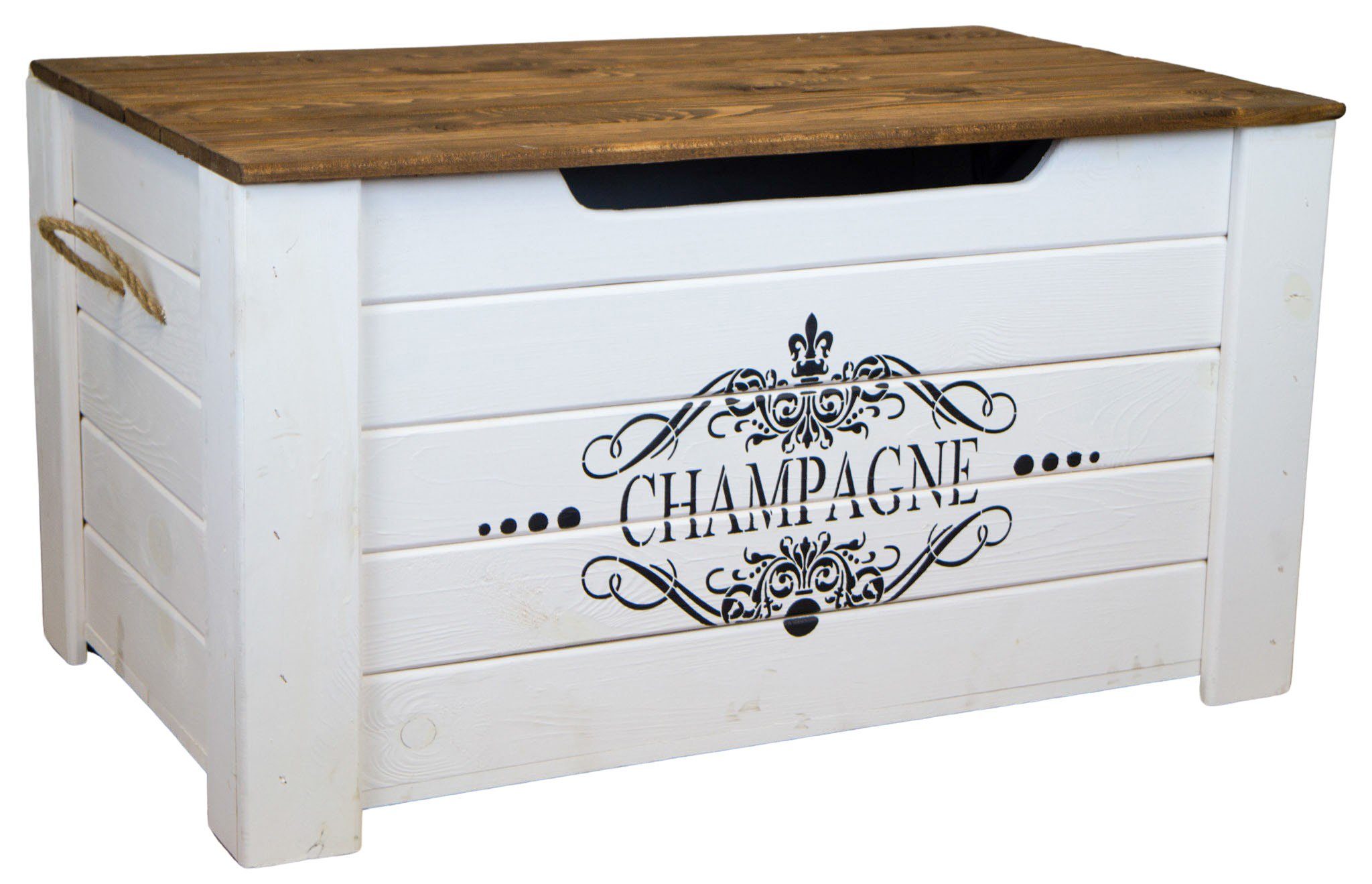 Allzweckkiste Holztruhe Pascale mit Deckel Aufdruck "Champagne"
