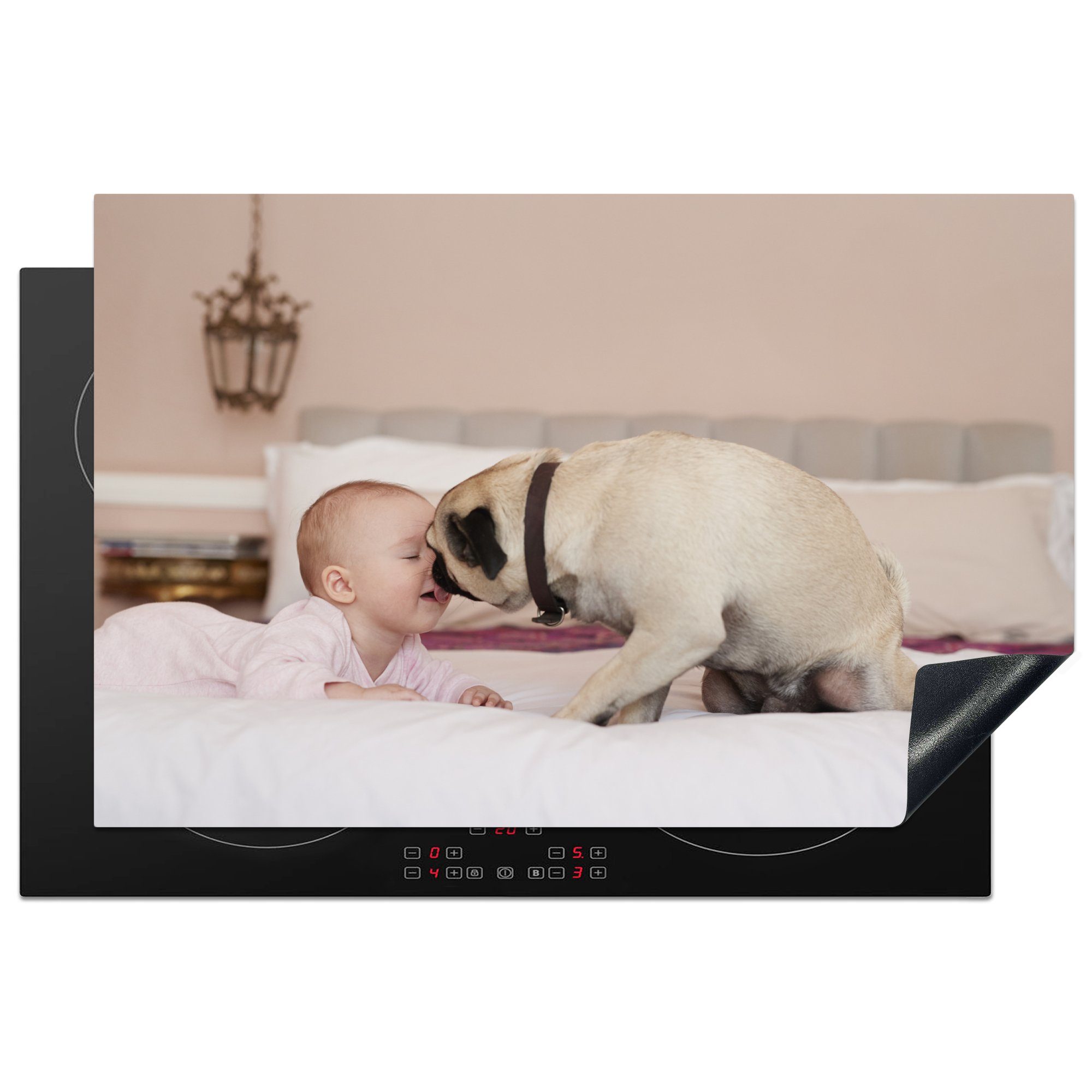 MuchoWow Herdblende-/Abdeckplatte Baby mit Hund leckt Gesicht, Vinyl, (1 tlg), 81x52 cm, Induktionskochfeld Schutz für die küche, Ceranfeldabdeckung