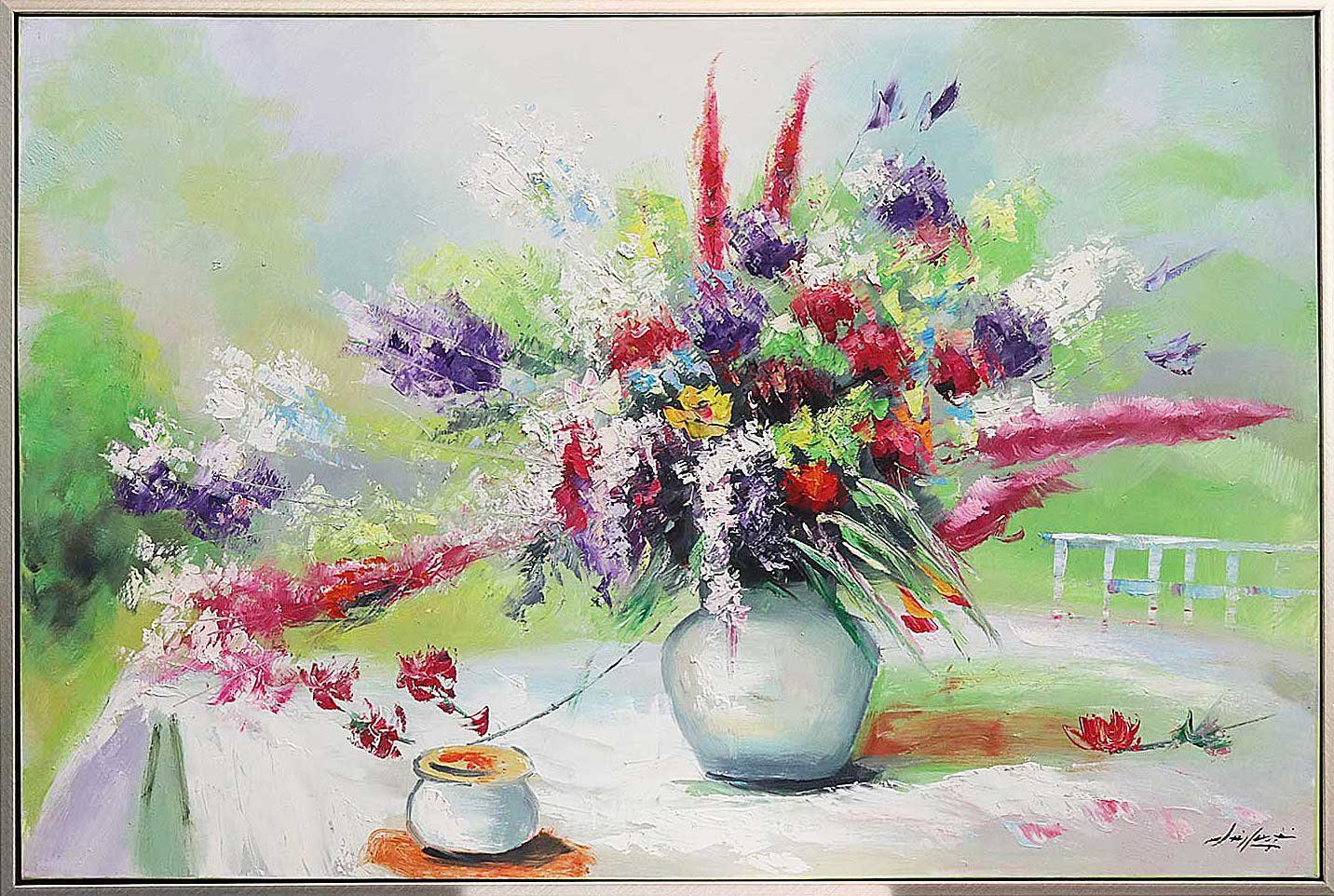 Aubaho Ölgemälde Original Ölgemälde Gemälde bunter Blumenstrauss Blumen  Stilleben 124cm