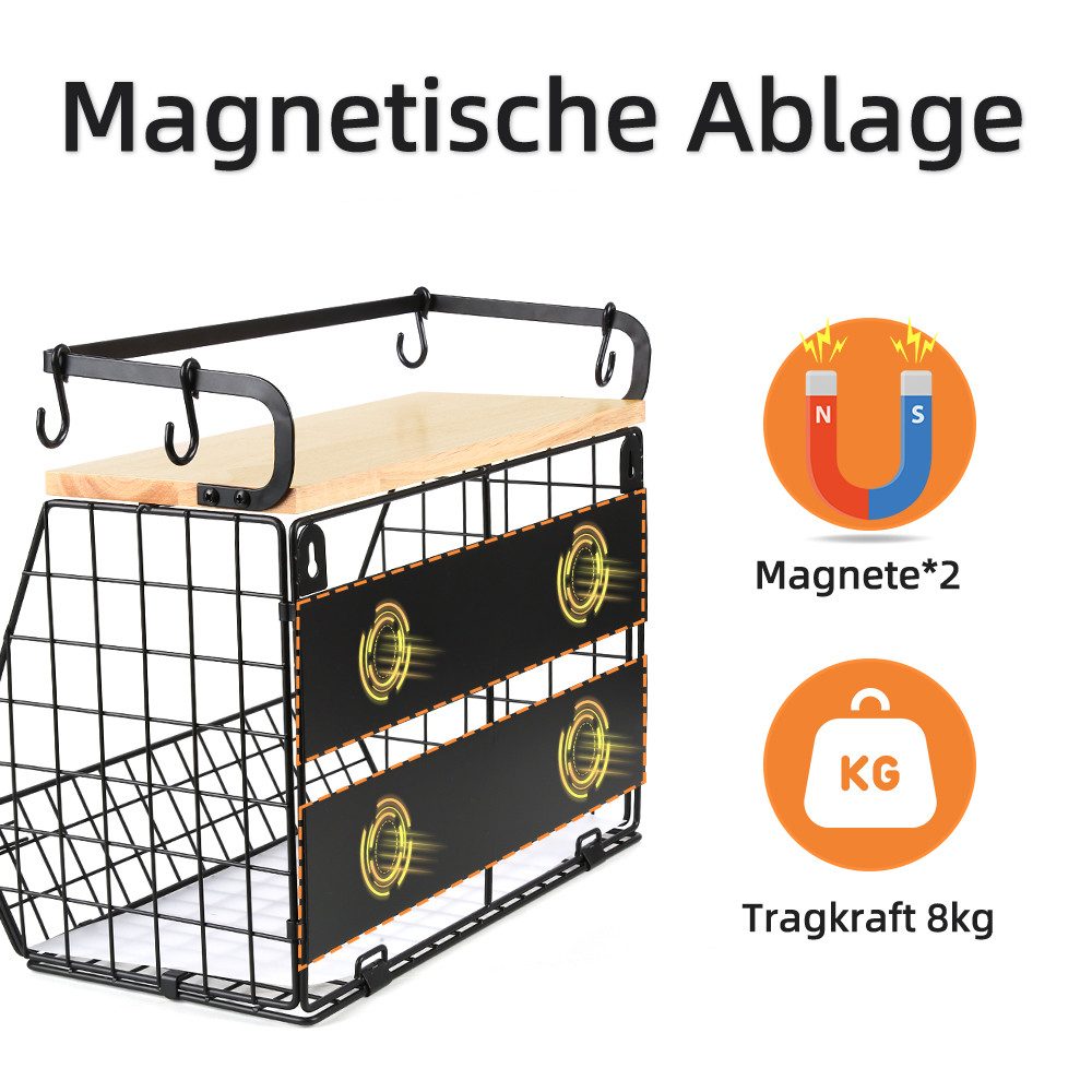 JEOBEST Obstschale Magnetische Obstkorb Hängend, Küchenorganisator, Küchenregal Ohne Bohren, mit Holzdeckel and 4 Bananen Aufhänger Haken – Bild 3 von 5