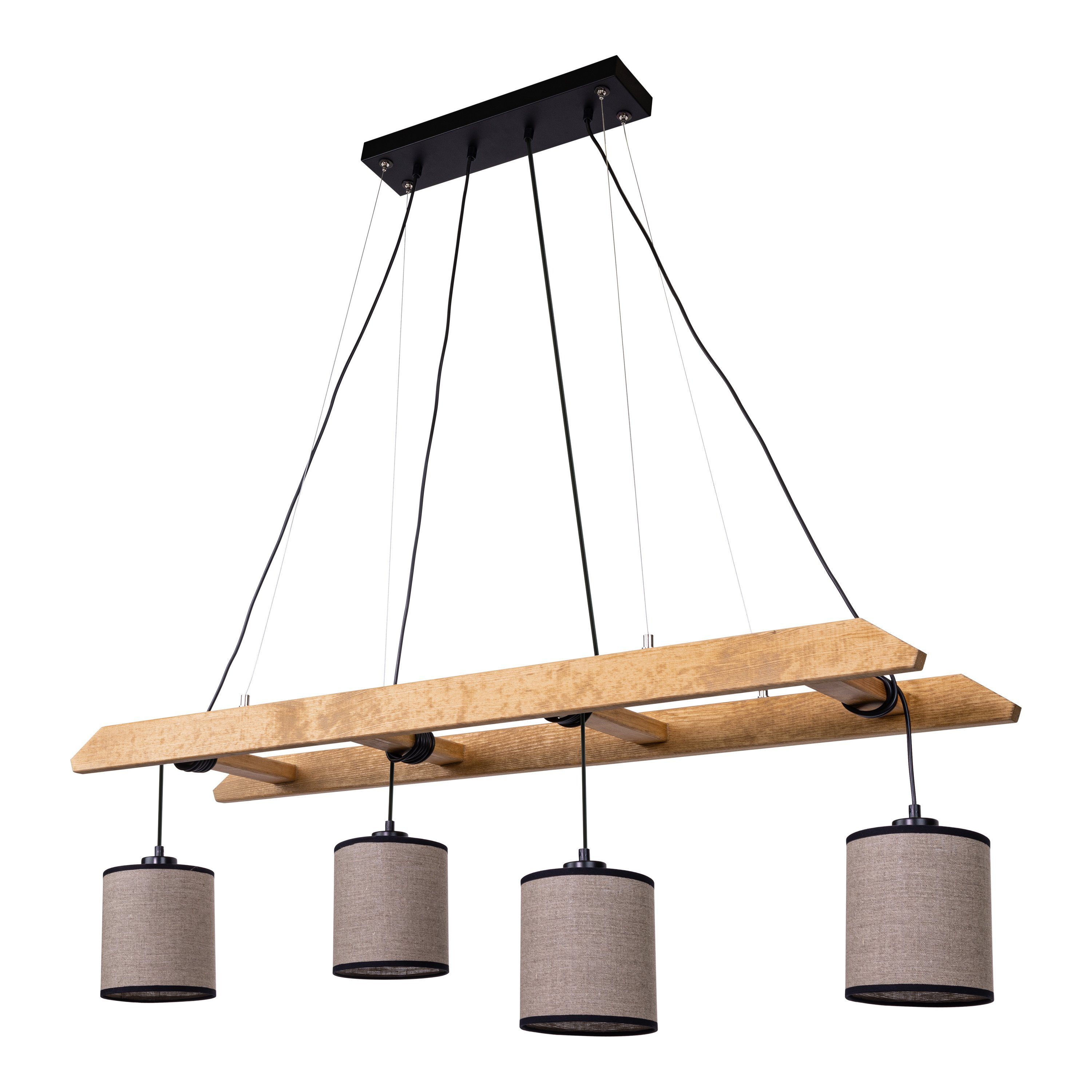 hofstein Pendelleuchte moderne Hängelampe aus Metall/Holz/Stoff in  Schwarz/Natur/Grau, ohne Leuchtmittel, Leuchte im Boho-Design mit  Stoffschirmen, Höhe max. 220 cm, 4 x E27