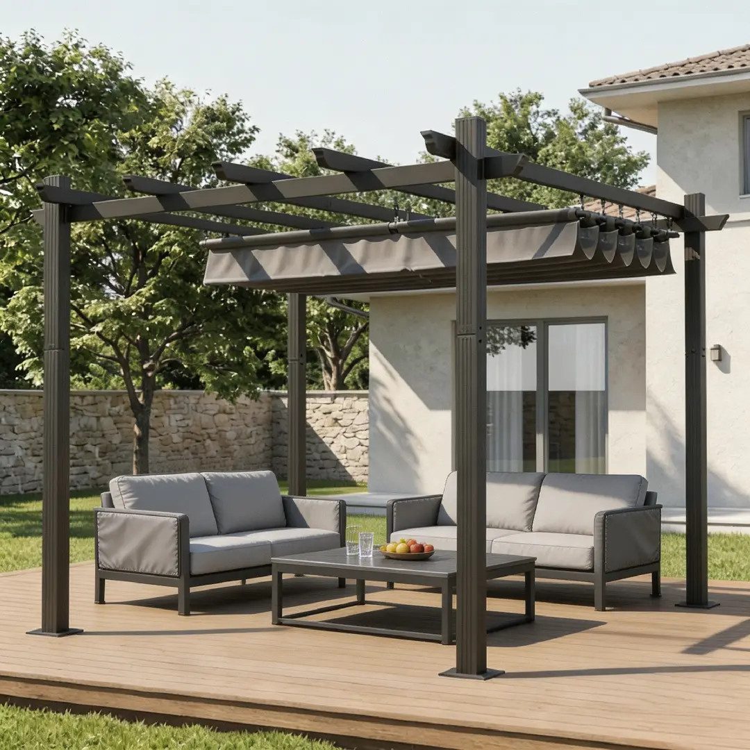 HOMALL Pavillon Pergola 3x3/3x4m Gartenpavillon Pavillon mit Aluminiumrahmen, (Terrassenüberdachung mit Magnetbefestigung für Garten), Manuell verstellbares Schiebedach