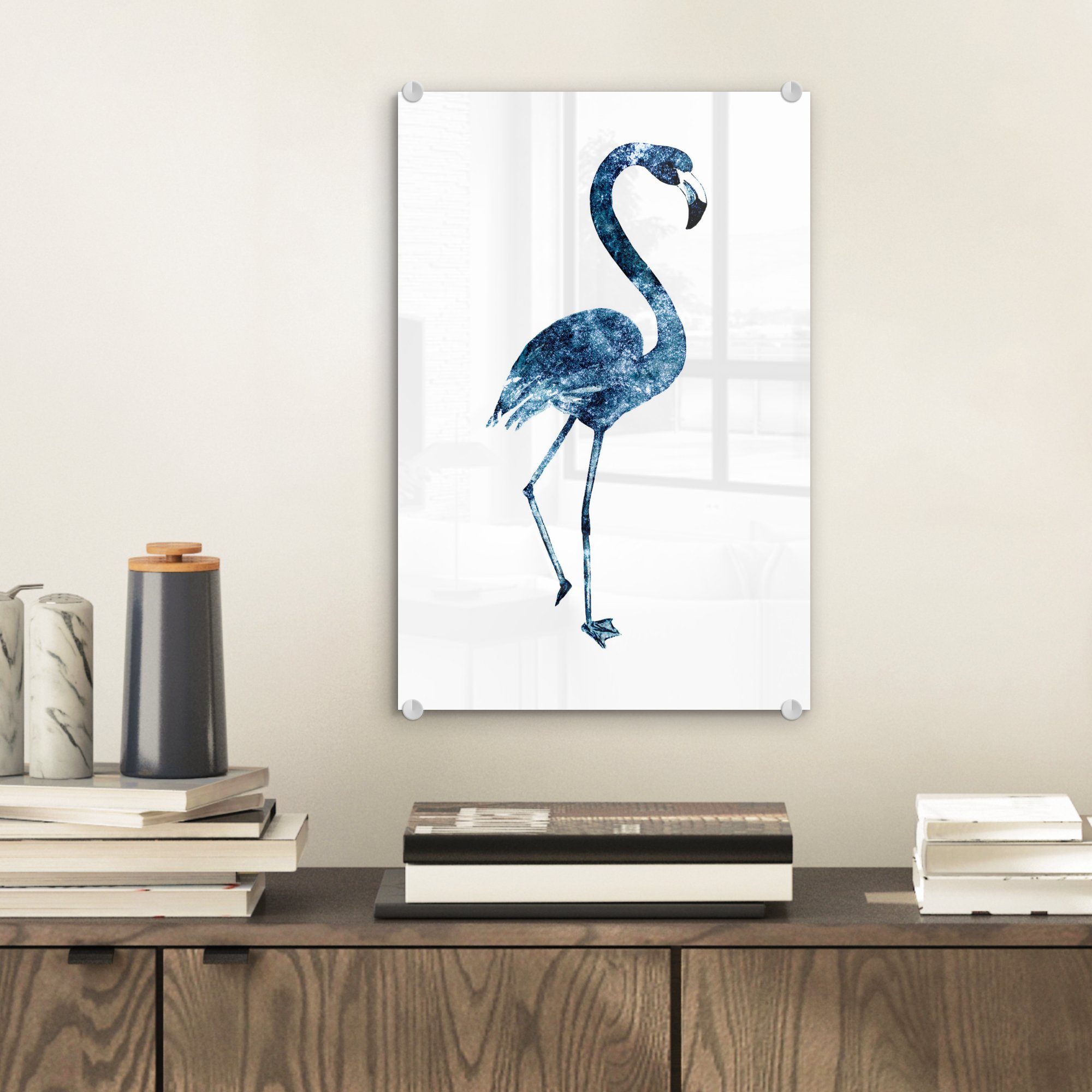 MuchoWow Acrylglasbild Flamingo Bilder - (1 - - Wanddekoration Universum, St), Glas auf Glas Blau bunt Foto Wandbild Glasbilder auf - 