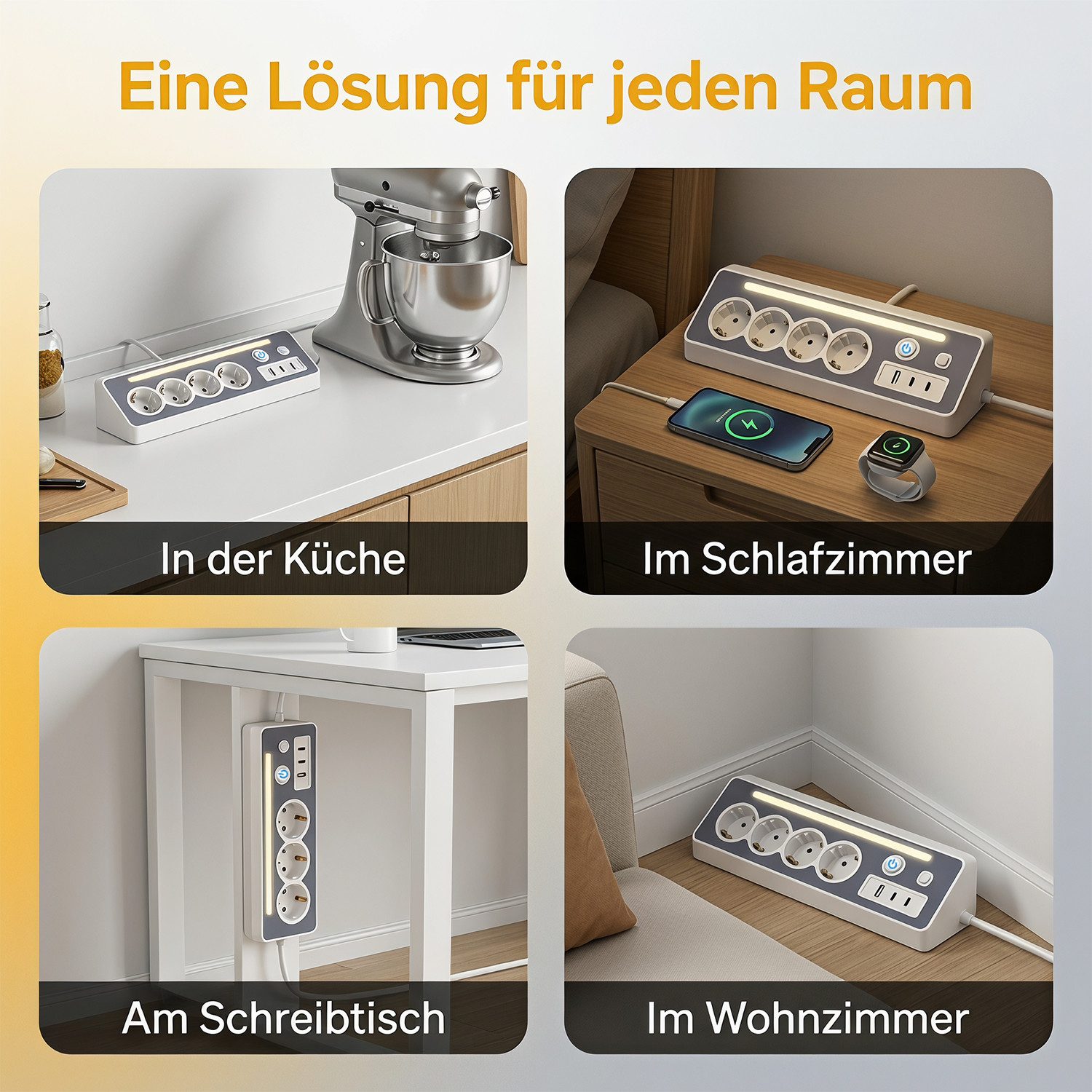 AKKEE Tischsteckdosenleiste, Eck-Steckdosenleiste Mehrfachsteckdose, 4 Fach Mehrfachsteckdose mit USB und 2 Type-C