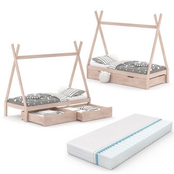 VitaliSpa® Kinderbett Kinderhausbett Umbau 90x200cm TIPI Natur 2 Schubladen Matratze