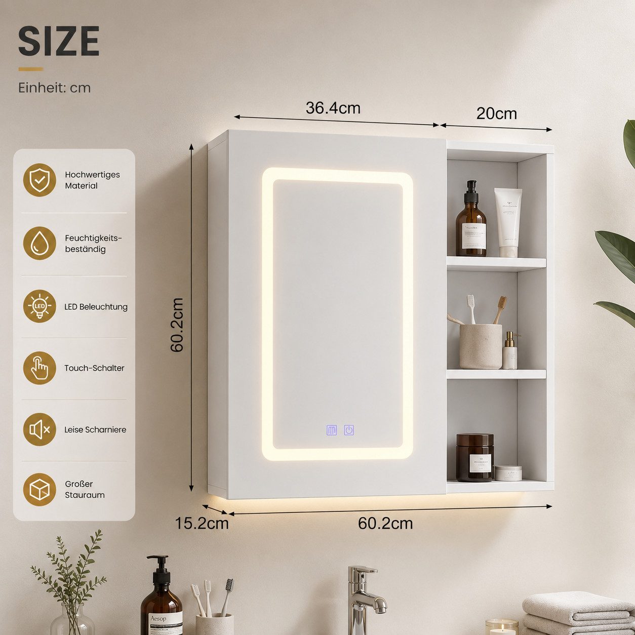Nagham Ghazal Aswad Badezimmerspiegelschrank Badezimmer Spiegelschrank LED LED Spiegelschrank mit Beleuchtung, Antibeschlag & Touchsensor