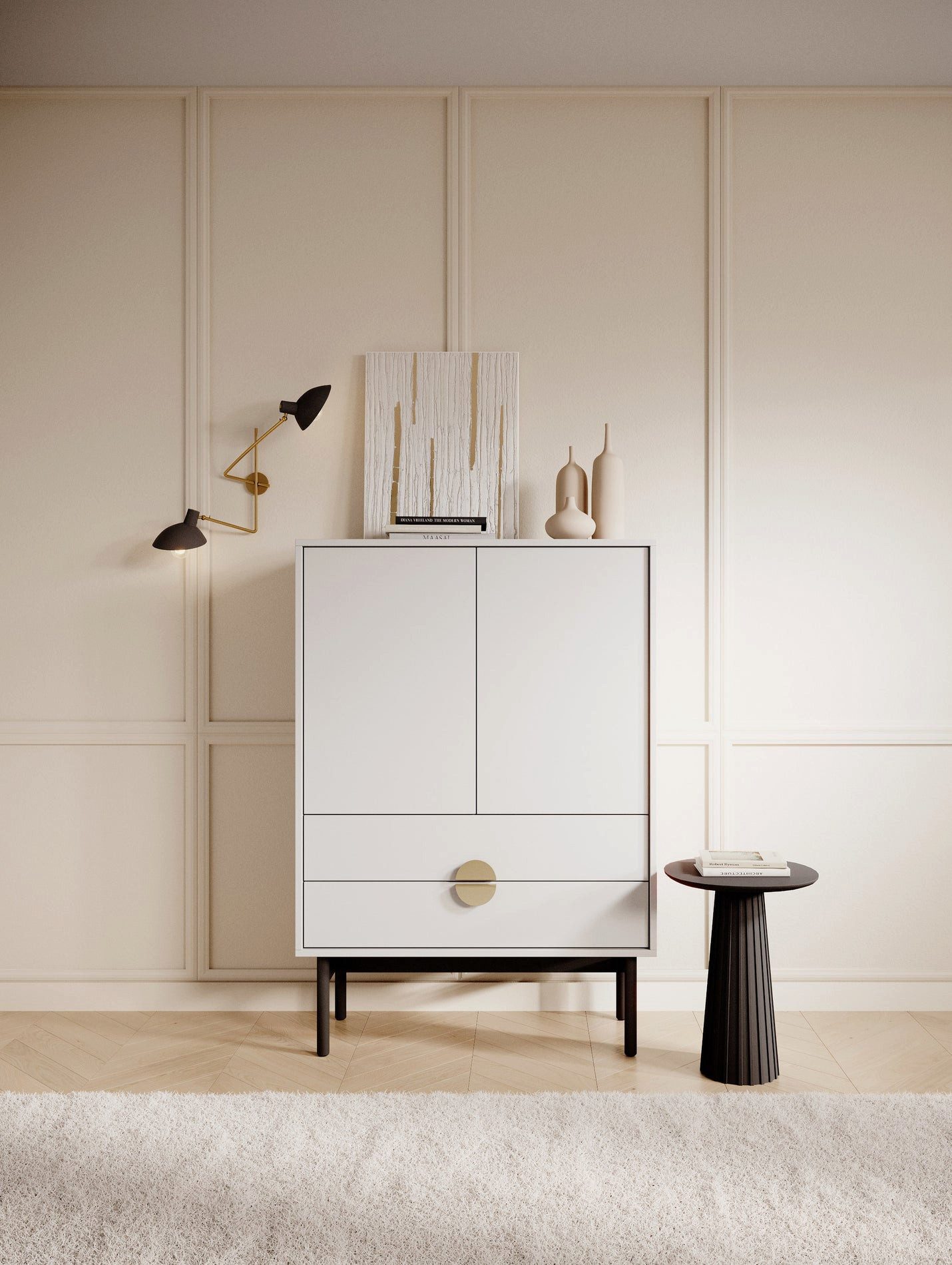 Selsey Sideboard STOON II, Zwei Türen, zwei Schubladen, klassisches Weiß, goldene Griffe.