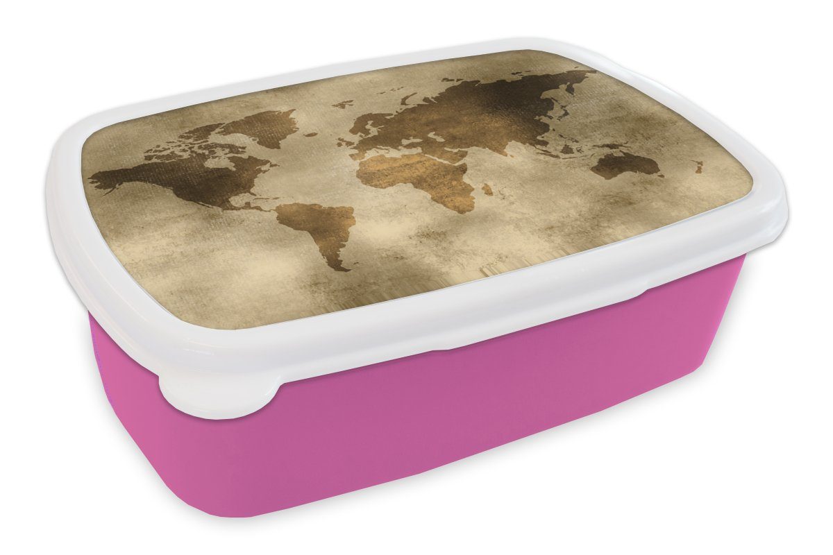 MuchoWow Lunchbox Weltkarte - Aquarell - Muster, Kunststoff, (2-tlg), Brotbox für Erwachsene, Brotdose Kinder, Snackbox, Mädchen, Kunststoff rosa