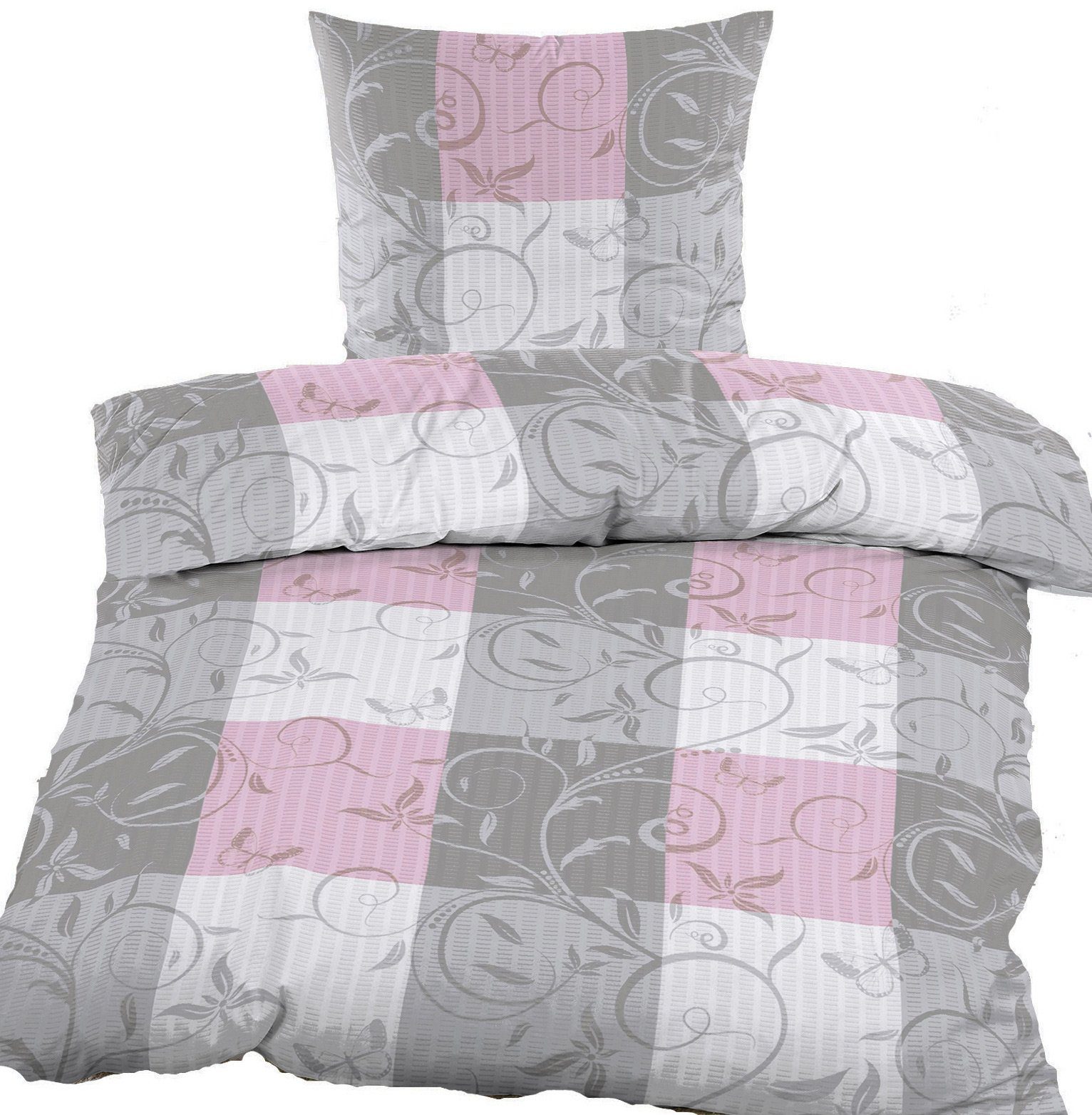 KH-Haushaltshandel Bettwäsche Seersucker Bettwäsche 135x200 +80x80cm, grau pink Ranken, kariert, Seersucker, bügelfrei, Microfaser