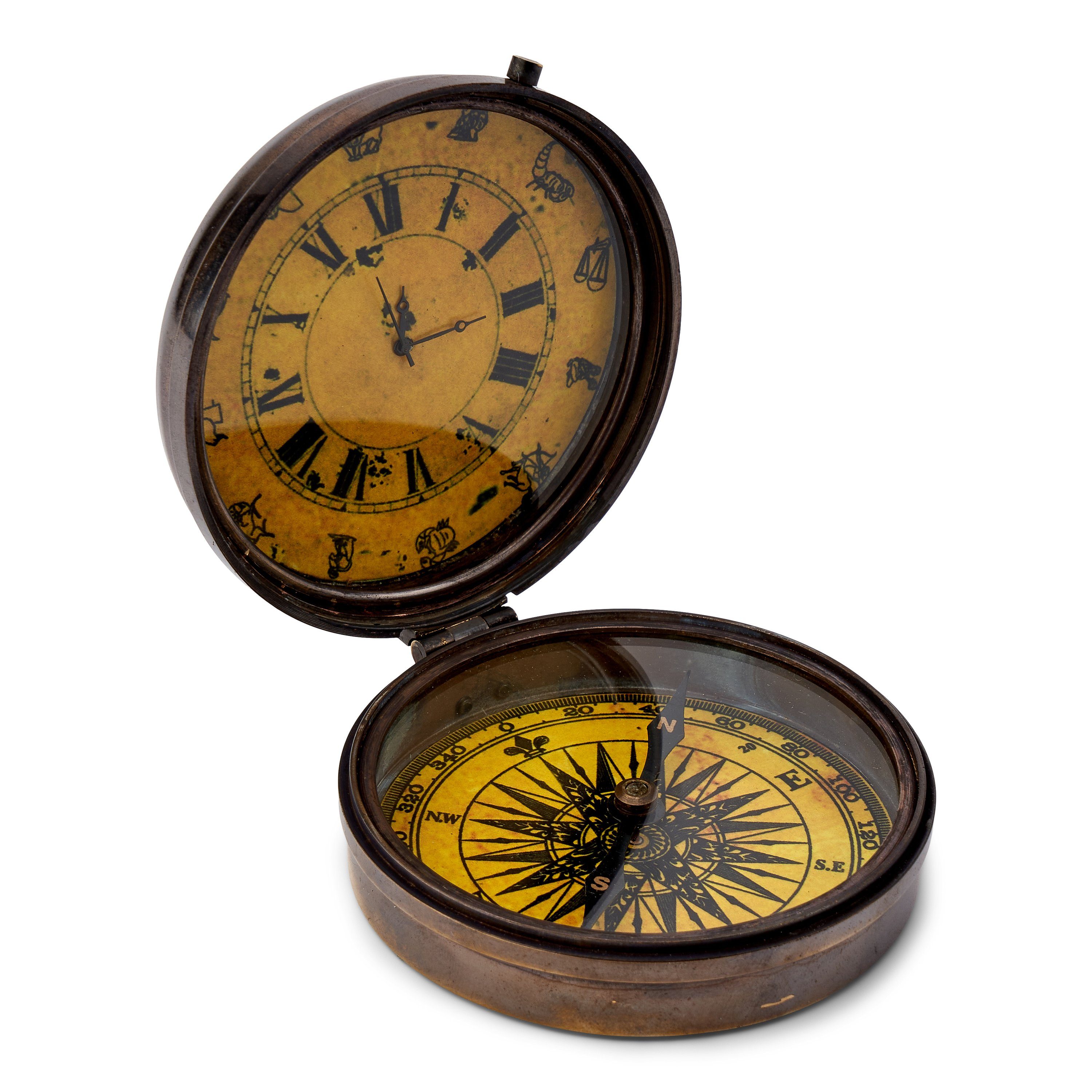 Kompass Kompass mit Uhr Messing antik 8cm Taschenkompass Peilkompass Richtungs