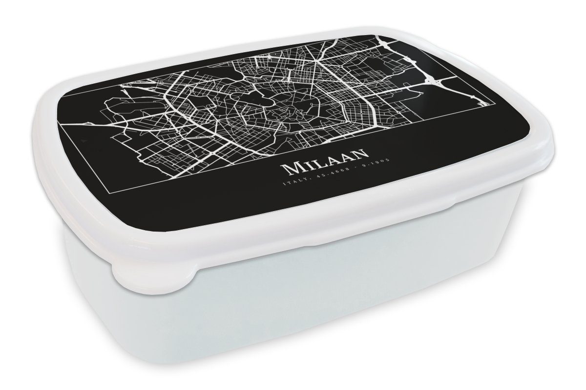 MuchoWow Lunchbox Mailand - Karte - Stadtplan, Kunststoff, (2-tlg), Brotbox für Kinder und Erwachsene, Brotdose, für Jungs und Mädchen weiß