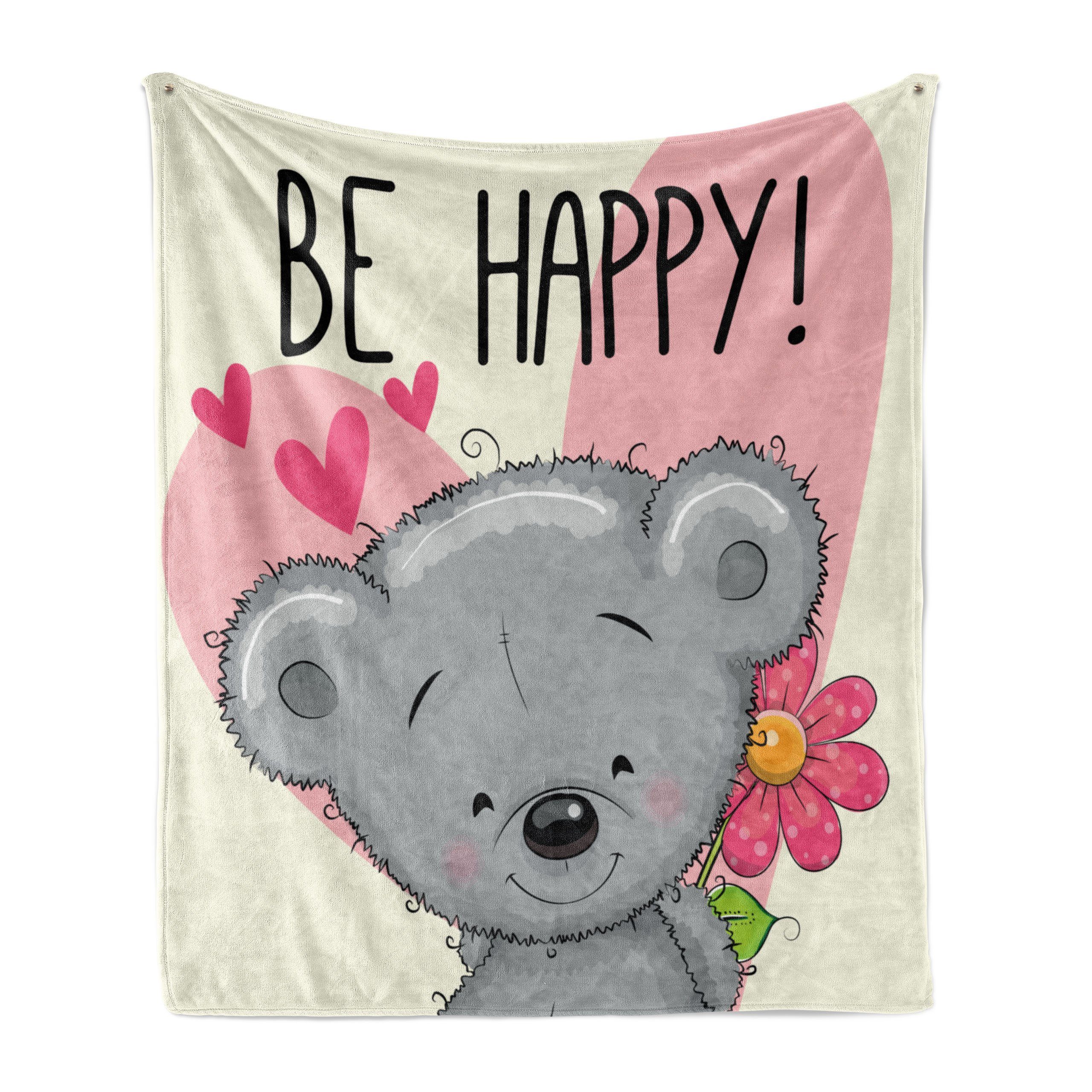 Wohndecke Gemütlicher Plüsch für den Innen- und Außenbereich, Abakuhaus, Sei glücklich Cartoon Teddybär Blume