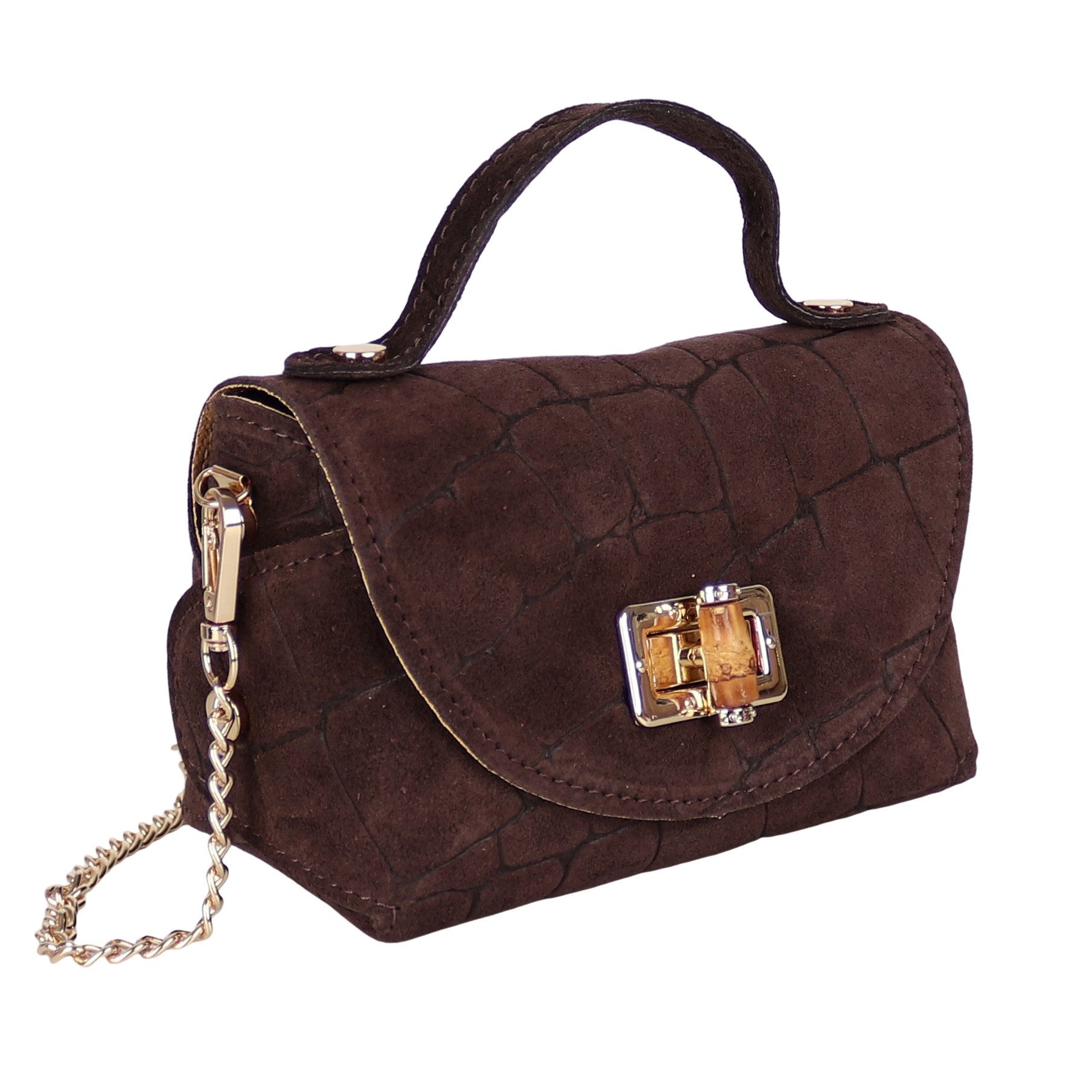 MIRROSI Henkeltasche Damen kleine Tasche aus Echtleder Schultertasche 16,50x10x8,50 cm, Mit goldfarbener Kette, ca. 125 cm lang