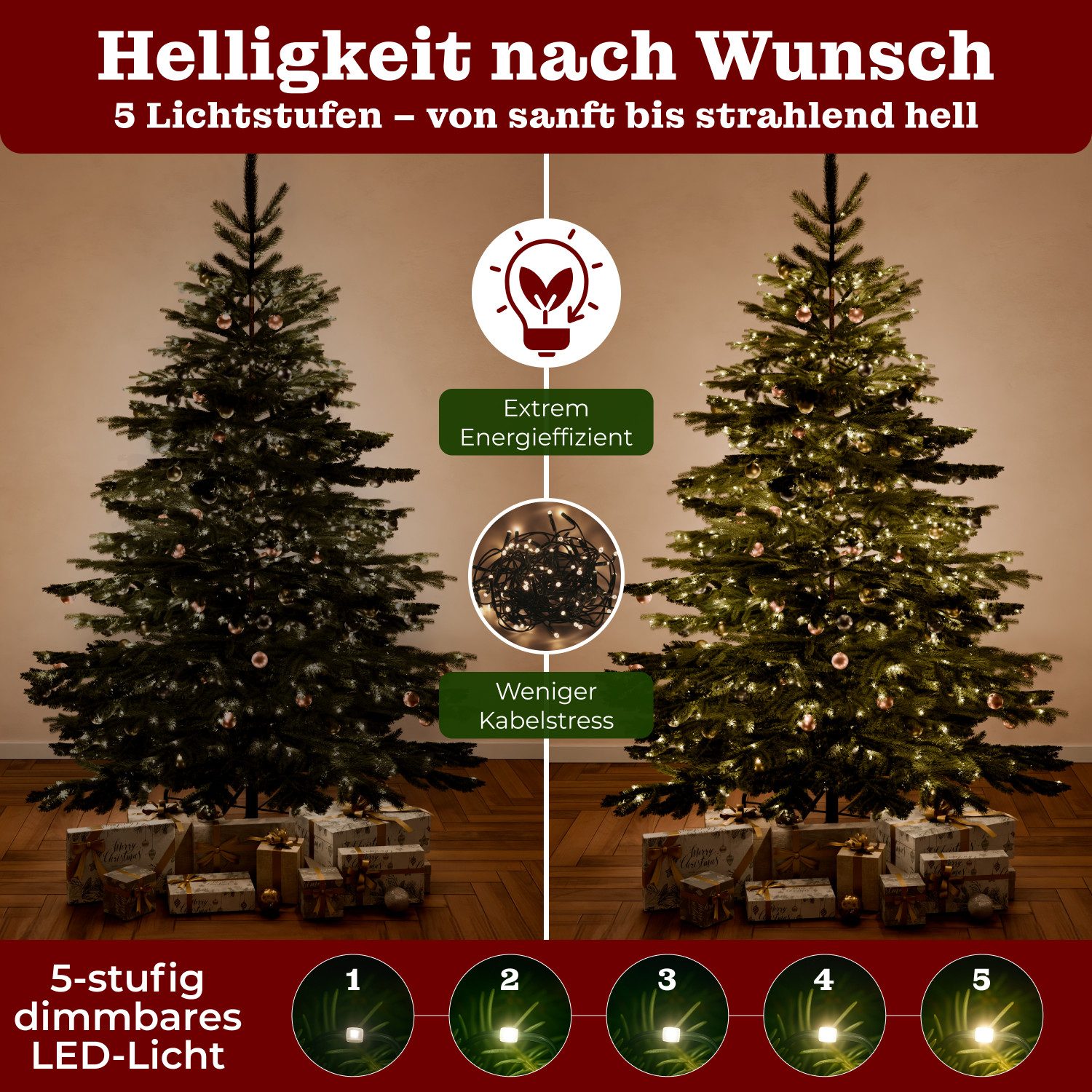 BoomDing Künstlicher Weihnachtsbaum Tannenbaum Weihnachtsbaum mit LED - 180, 210, 240 cm Höhe, Christbaum mit Metallständer und wünderschöner LED Beleuchtung