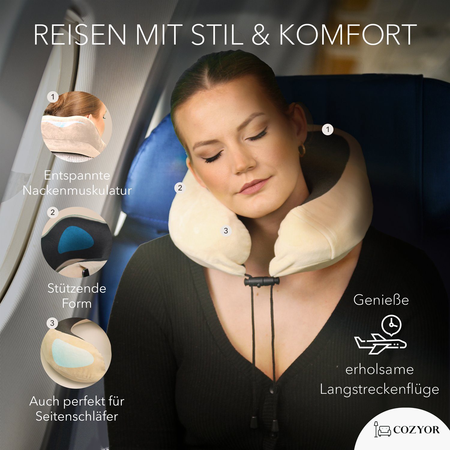 Cozyor Nackenstützkissen Memory Nackenkissen mit verstellbarem Verschluss + praktischer Tasche, Füllung: Memory Schaum Gedächtnisschaum, Bezug: waschbarer Bezug, Set, Nackenhörnchen zum Reisen, klein & kompakt, beige Driftwood Serie, auch im Reise-Set mit Reisedecke & Augenmaske erhältlich