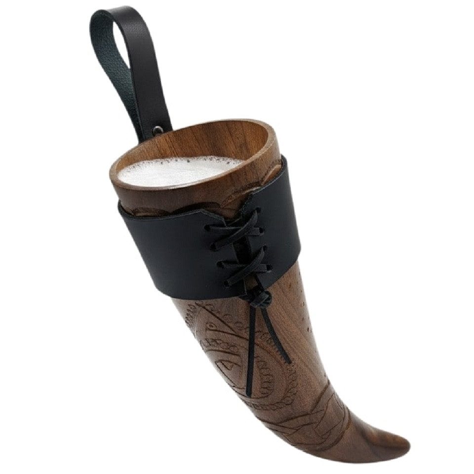 hornerey Bierkrug Trinkhorn aus Holz mit Lederhalter