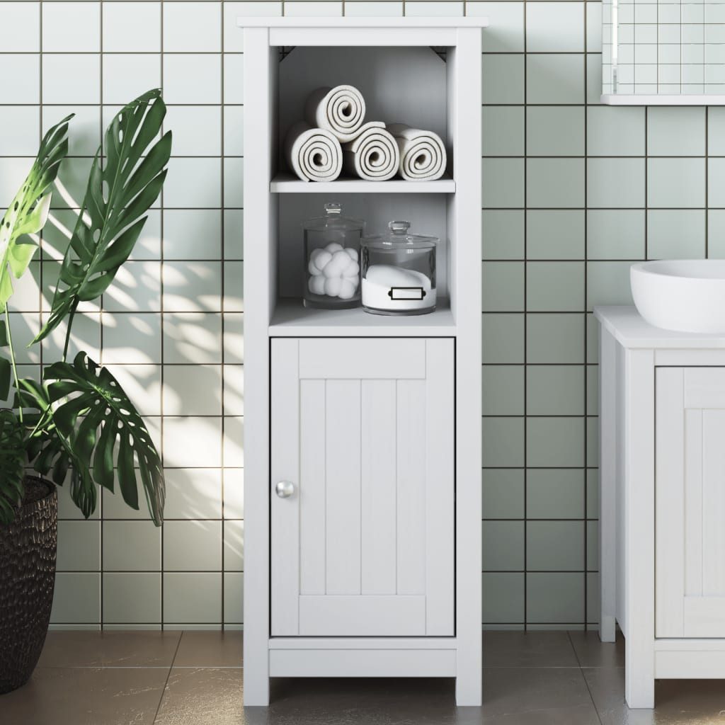 furnicato Badkommode Badezimmerschrank Weiß 40 x 34 x 110 cm aus massivem Kiefernholz, UV-lackiertes Badregal mit vier Böden, Metallgriff und viel Stauraum