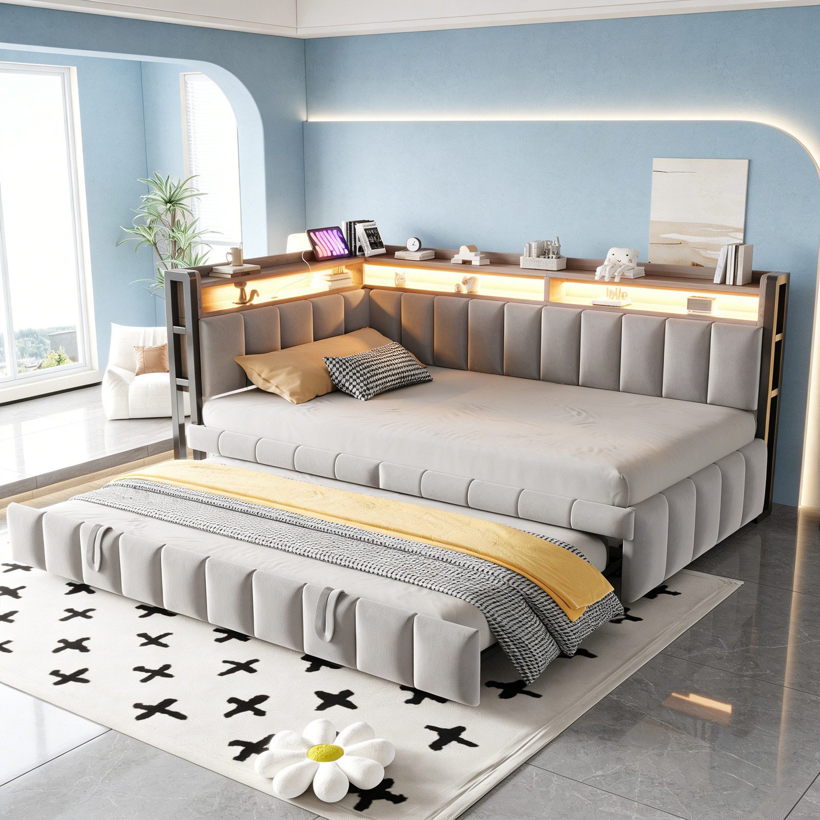 OKWISH Schlafsofa Polsterbett Funktionsbett, Ausziehbett mit LED-Beleuchtung, Ablagefächern & USB- und Typ-C-Anschlüssen 90 x 200 & 90x190 cm, ohne Matratze