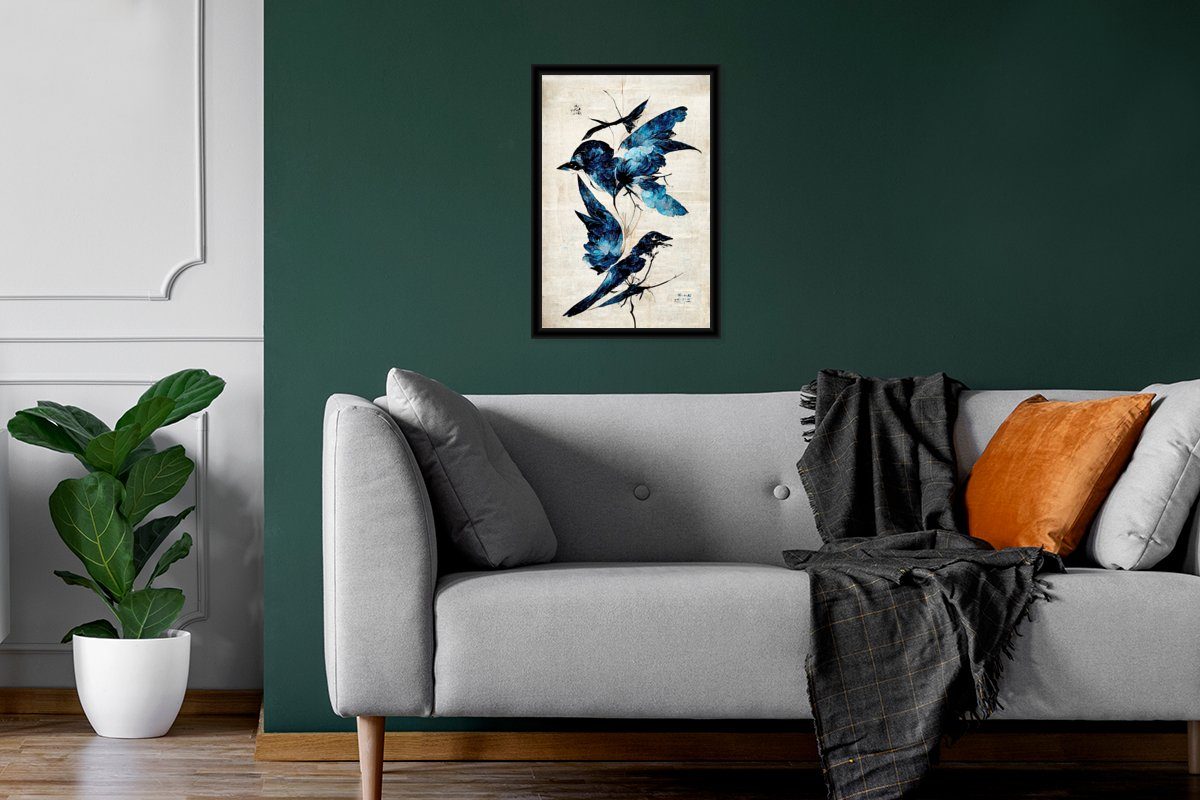 Poster Blau St), MuchoWow Wandposter, (1 Gerahmtes Bilderrahmen Schwarzem Poster, - Wanddeko, Bilder, Tiere Vögel - - Vintage,
