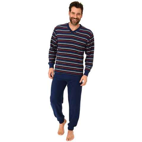 Normann Pyjama Langer Herren Frottee Schlafanzug mit Bündchen Streifenoptik