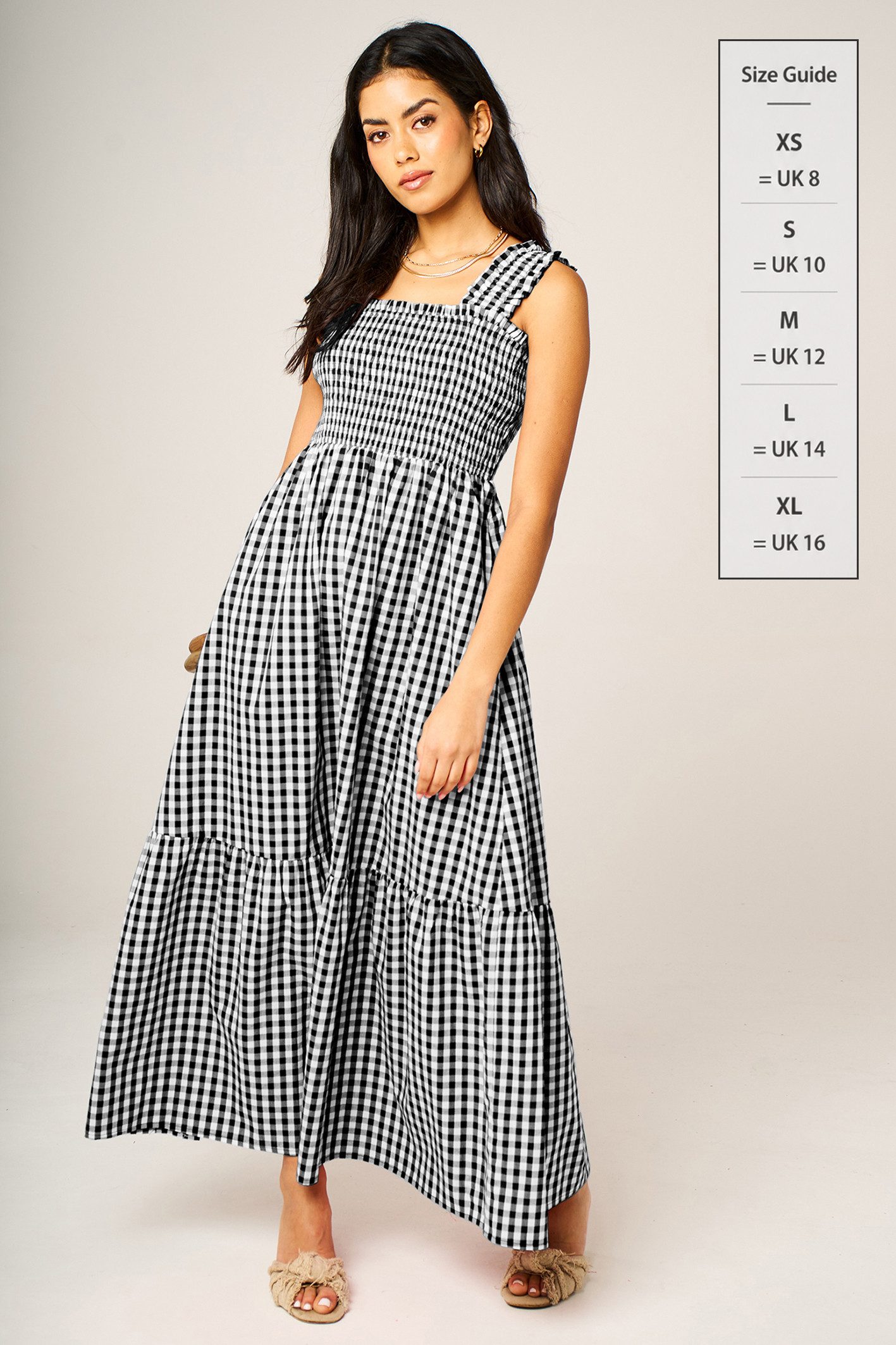 FS Collection Trägerkleid Damen Trägerkleid Maxikleid Sommerkleid Freizeitkleid Kariert (XS (EU:36 / UK:8) · S (EU:38 / UK:10) · M (EU:40 / UK:12) · L (EU:42 / UK:14) · XL (EU:44 / UK:16) Gesmoktes Oberteil, Vichy-Karo, gestufter Rock, breite Träger
