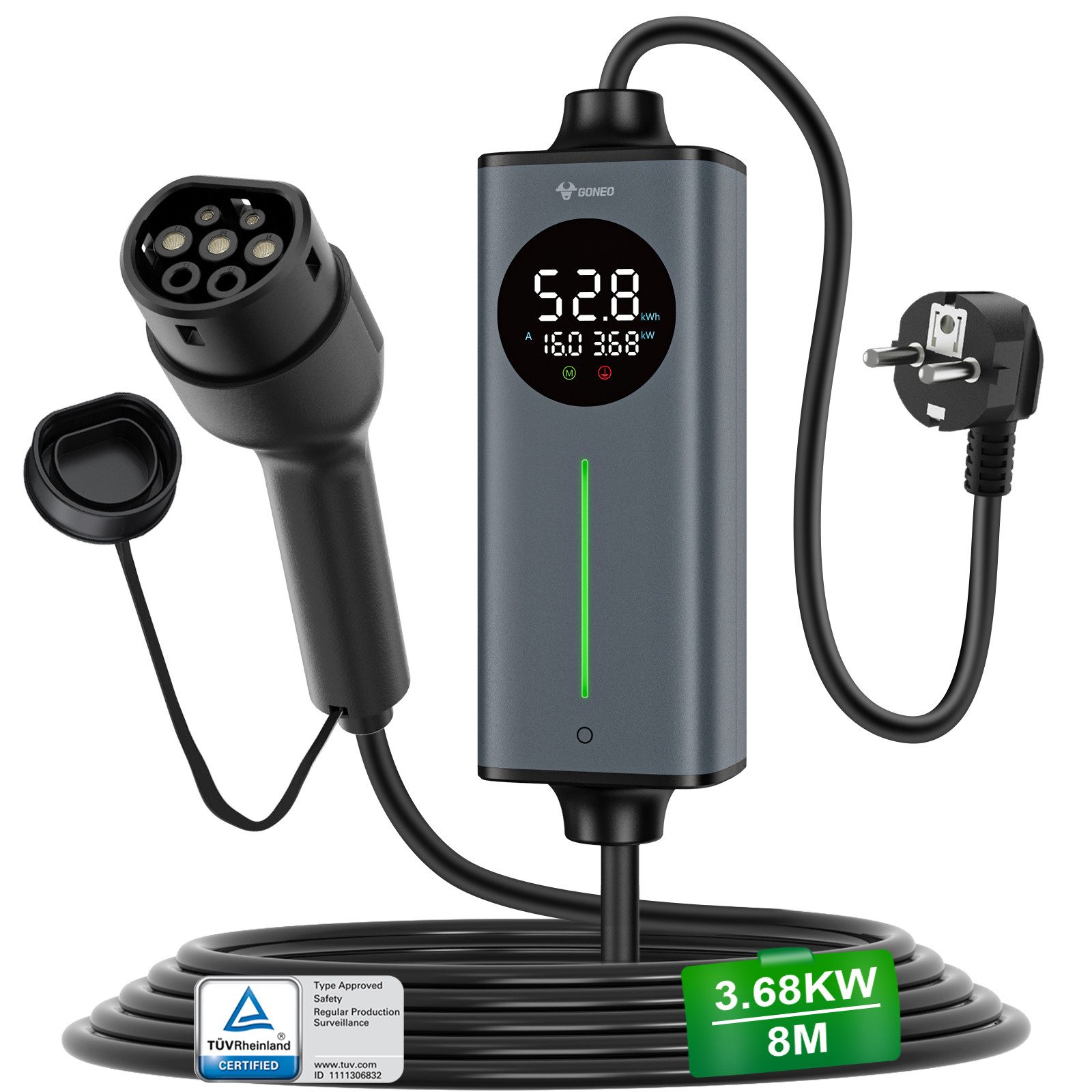 GONEO Elektroauto-Ladestation, Typ 2 Ladekabel Schuko, 3,68kW / 16A, 1-phasig, Tragbares Elektroauto-Ladegerät, Einstellbare Ladeleistung & Timer