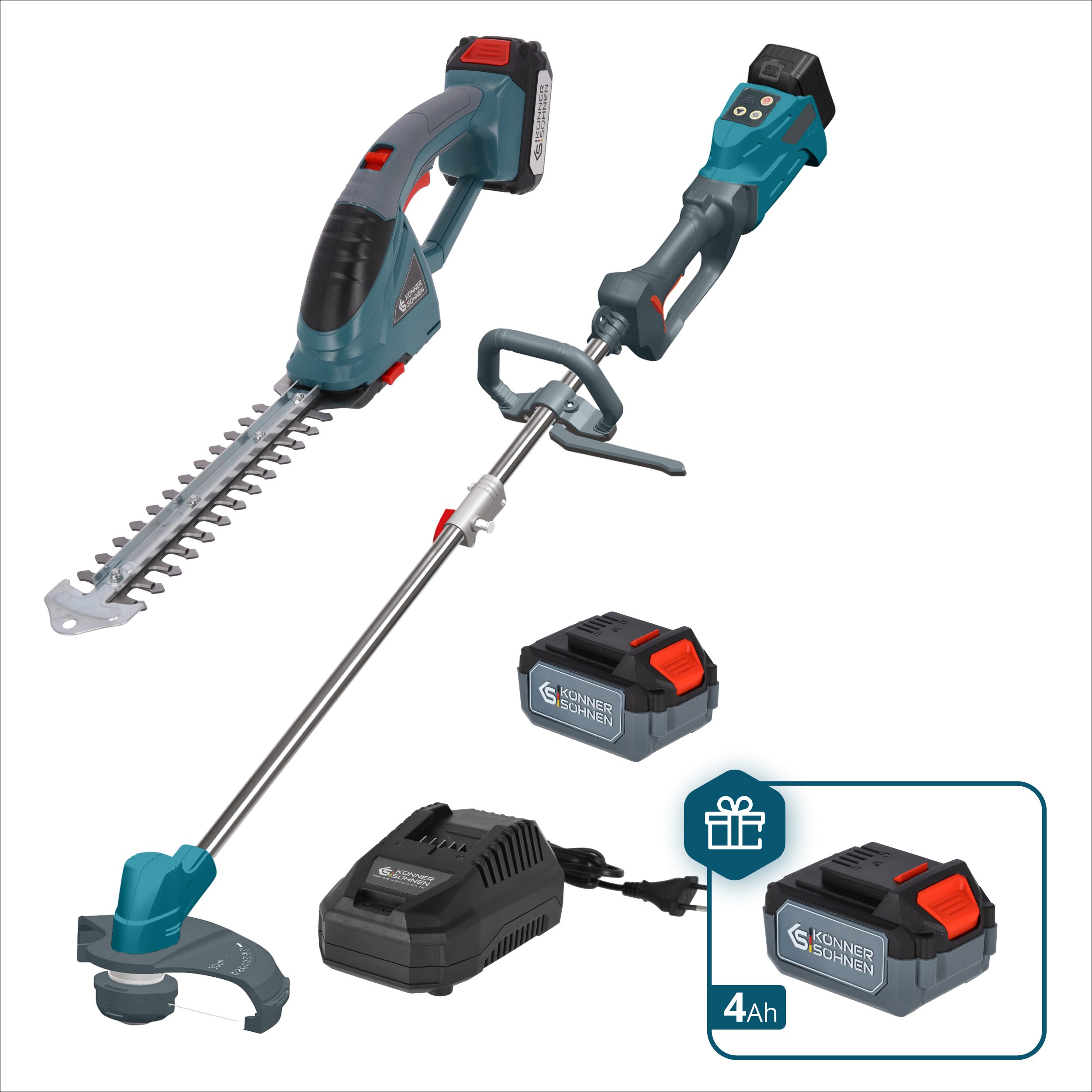 Könner & Söhnen Akku-Kettensäge KS SHT-BCT-SET, Gartenpflege-Set mit Schere, Trimmer, Akku & Ladegerät, 1-tlg., Inklusive 4Ah Akku als Geschenk & 4,5A Schnellladegerät, Bürstenloser Trimmer, Grasschere 2-in-1, 20V System