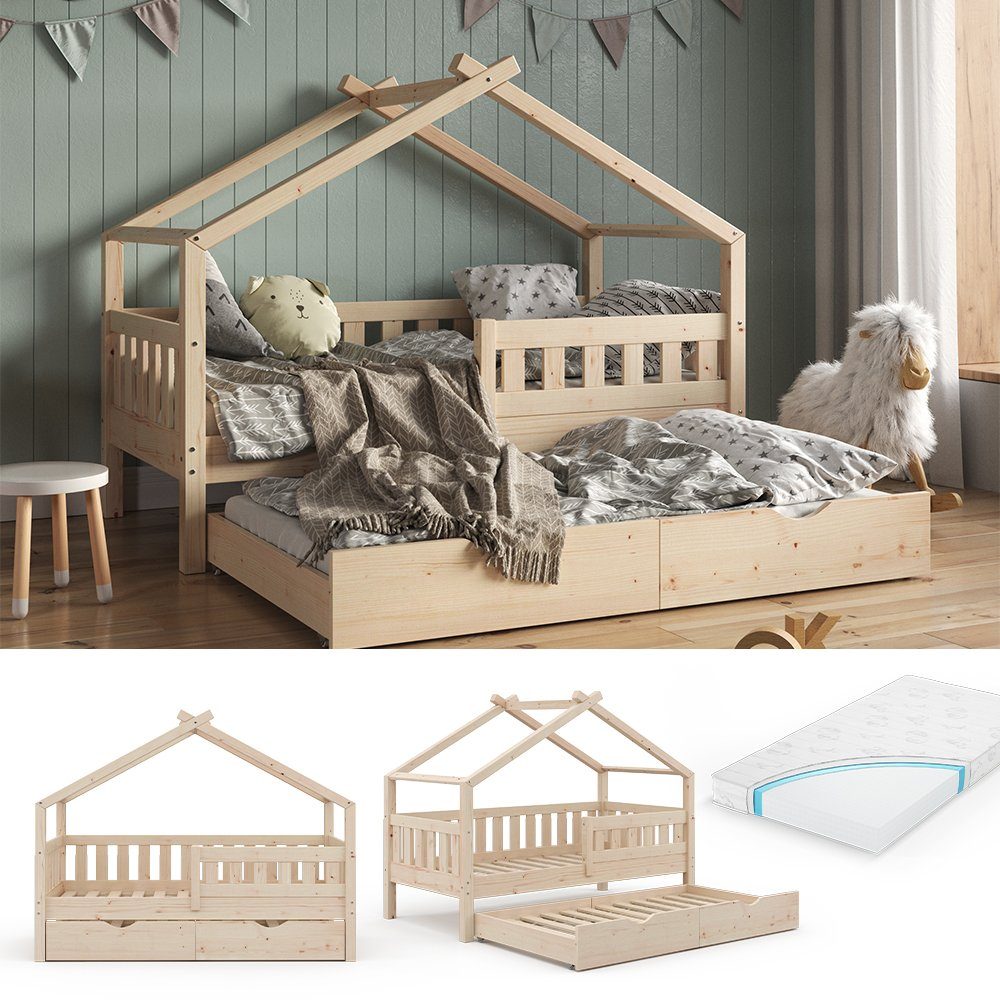 VitaliSpa® Hausbett Design, Naturholz, 80x160 cm mit Gästebett und Matratze (2-tlg)
