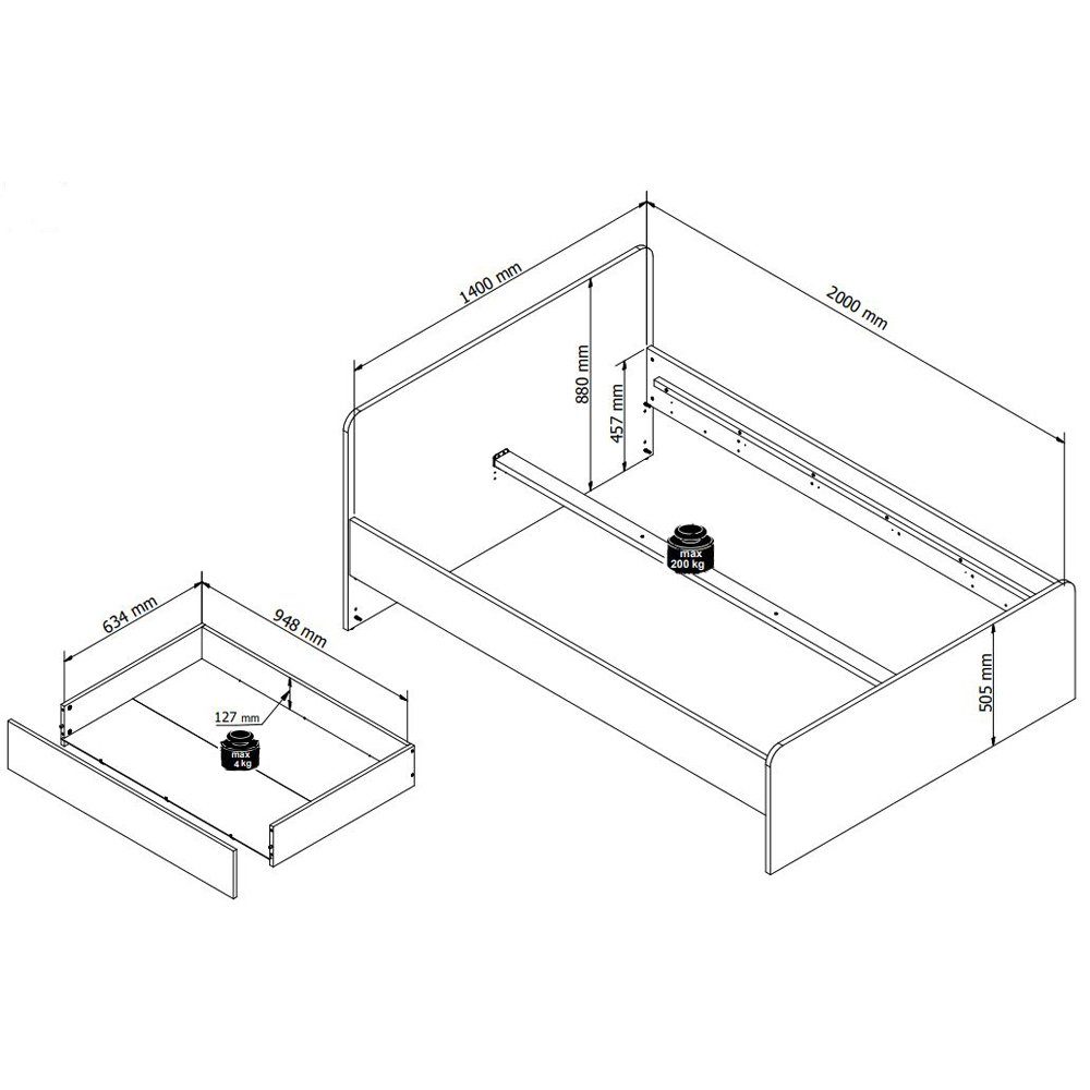 mit Artisan 146/89/204 140x200 Bett in cm Nb. Lomadox MENFI-78, Eiche weiß Stauraum cm inkl.