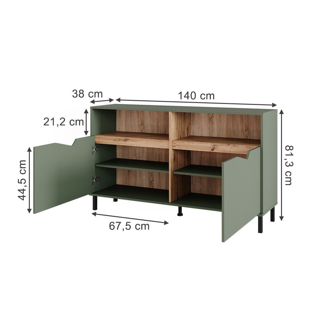 Vicco Kommode Marelle, Grün/Artisan, 140 x 81.3 cm mit 2 Türen (1 St)