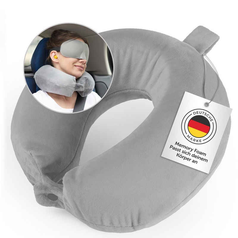 Blumtal Reisekissen Memory Foam - Nackenkissen mit waschbarem Bezug, ideal für's Flugzeug, Zug, Auto, Camping oder Zuhause, inkl. Schlafmaske & Ohrstöpsel - Travel Essentials