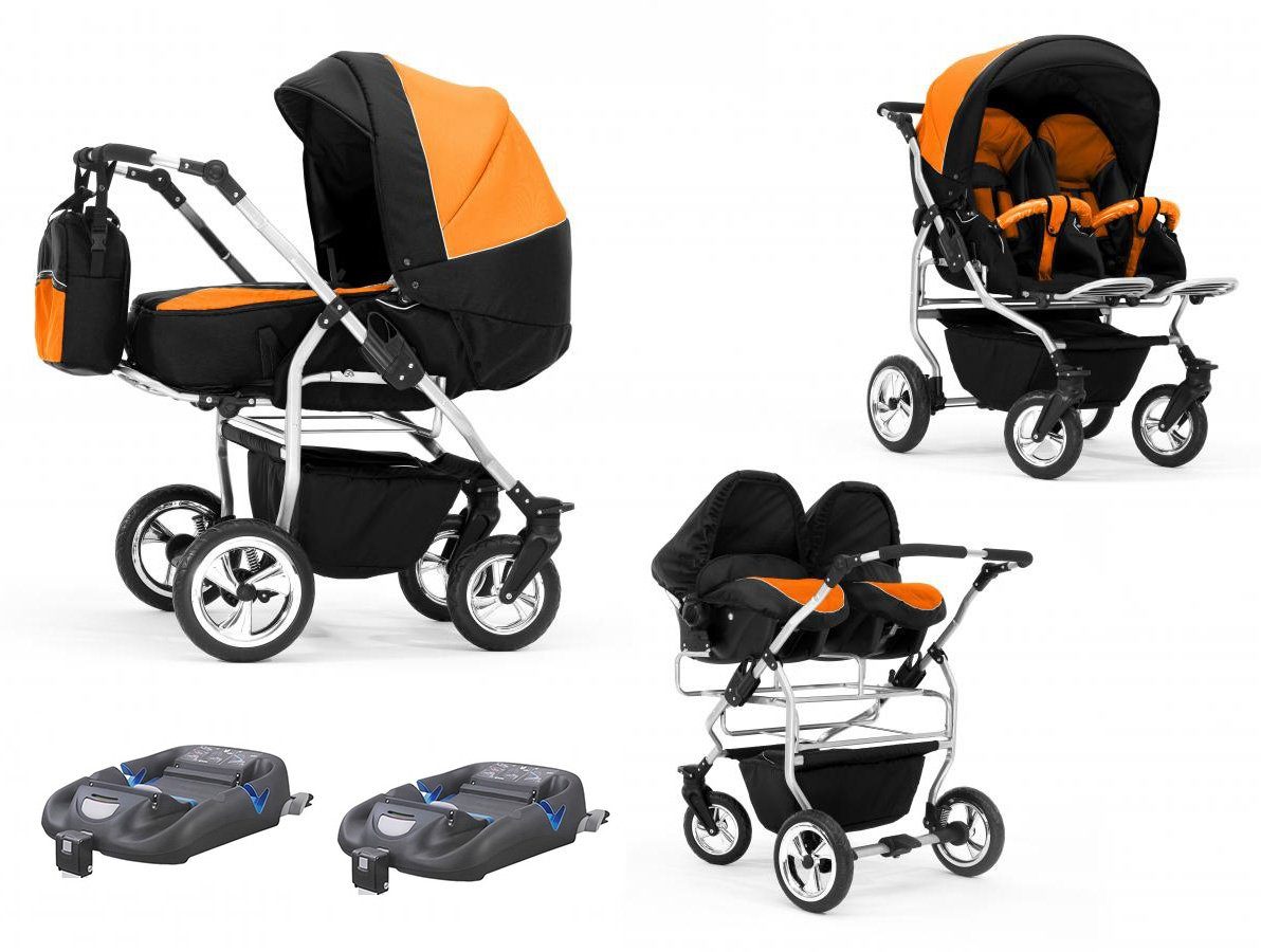 Elcar Zwillings-Kombikinderwagen Zwillingskinderwagen 4 in 1 Duo inkl. Autositze und Iso Bases - 14 Teile - von Geburt bis 4 Jahre in 20 Farben Schwarz-Orange