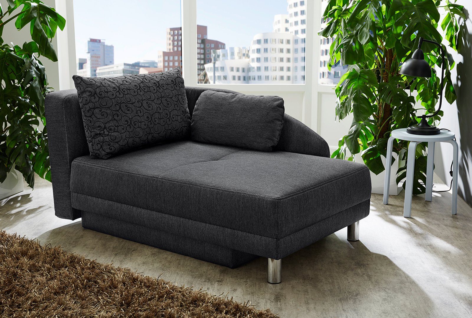 luma-home Recamiere 15121, mit Bettfunktion B149/T90/H80 cm, Federkern, Bettkasten, Liegefläche 200x84 cm, Flachgewebe Anthrazit