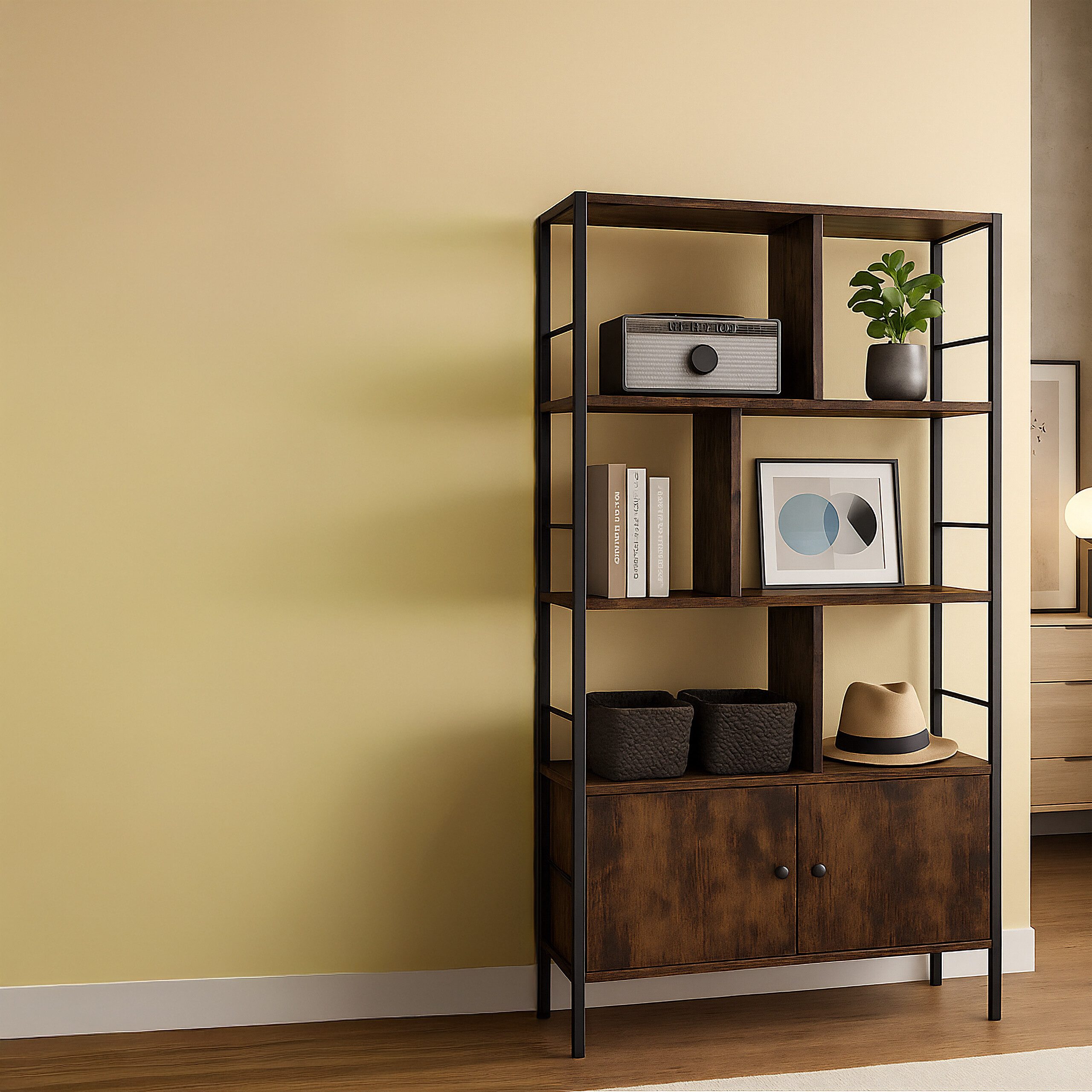 relaxdays Bücherregal mit Unterschrank, Industrial-Schwarz