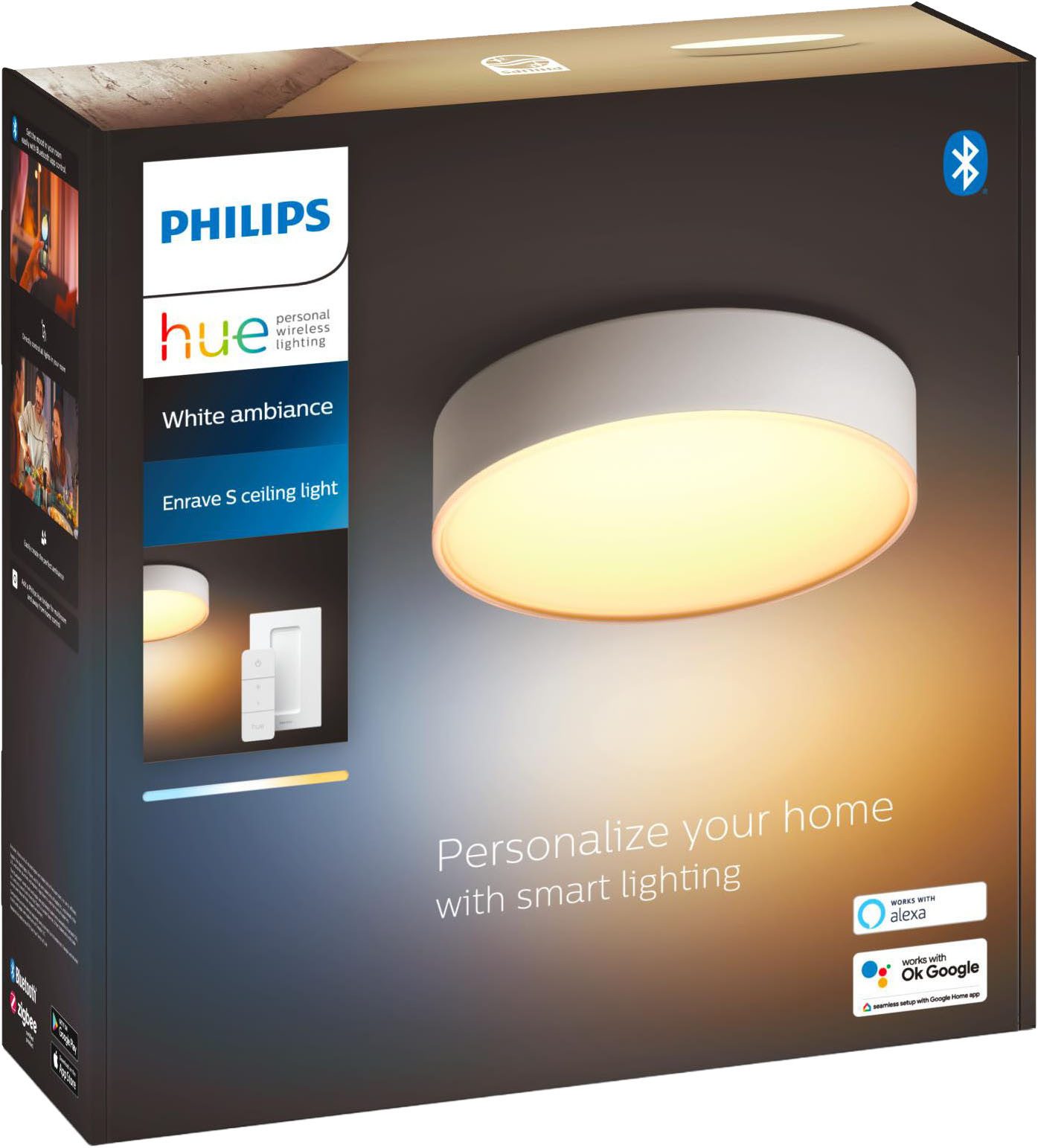 Philips Hue Smarte LED-Leuchte White Ambiance Enrave Deckenleuchte S schwarz, Abschaltautomatik, Bluetooth, CCT - über Fernbedienung, Dimmer, Dimmfunktion, Farbsteuerung, Fernbedienung, Infrarot inkl., Leuchtdauer einstellbar, Memoryfunktion, Nachtlichtfunktion, Smart Home, Timerfunktion, dimmbar über Fernbedienung, erweiterbar, mehrere Helligkeitsstufen, LED wechselbar, warmweiß - kaltweiß, inkl. Philips Hue Dimmschalter