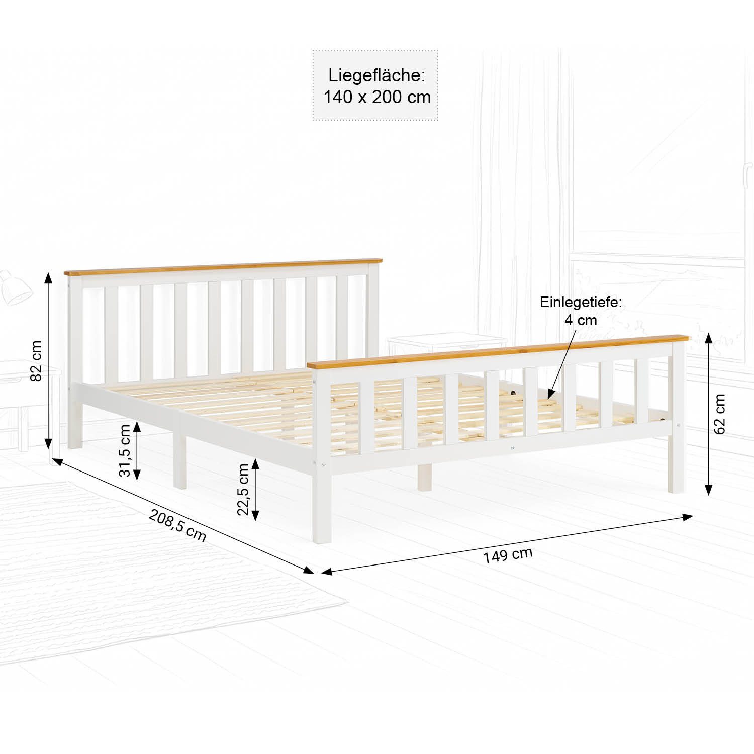 Homestyle4u Palettenbett 90x200 140x200 70x140 mit Lattenrost Jugendbett Weiß/Natur schlicht (Set, mit Lattenrost), mit Kopfteil