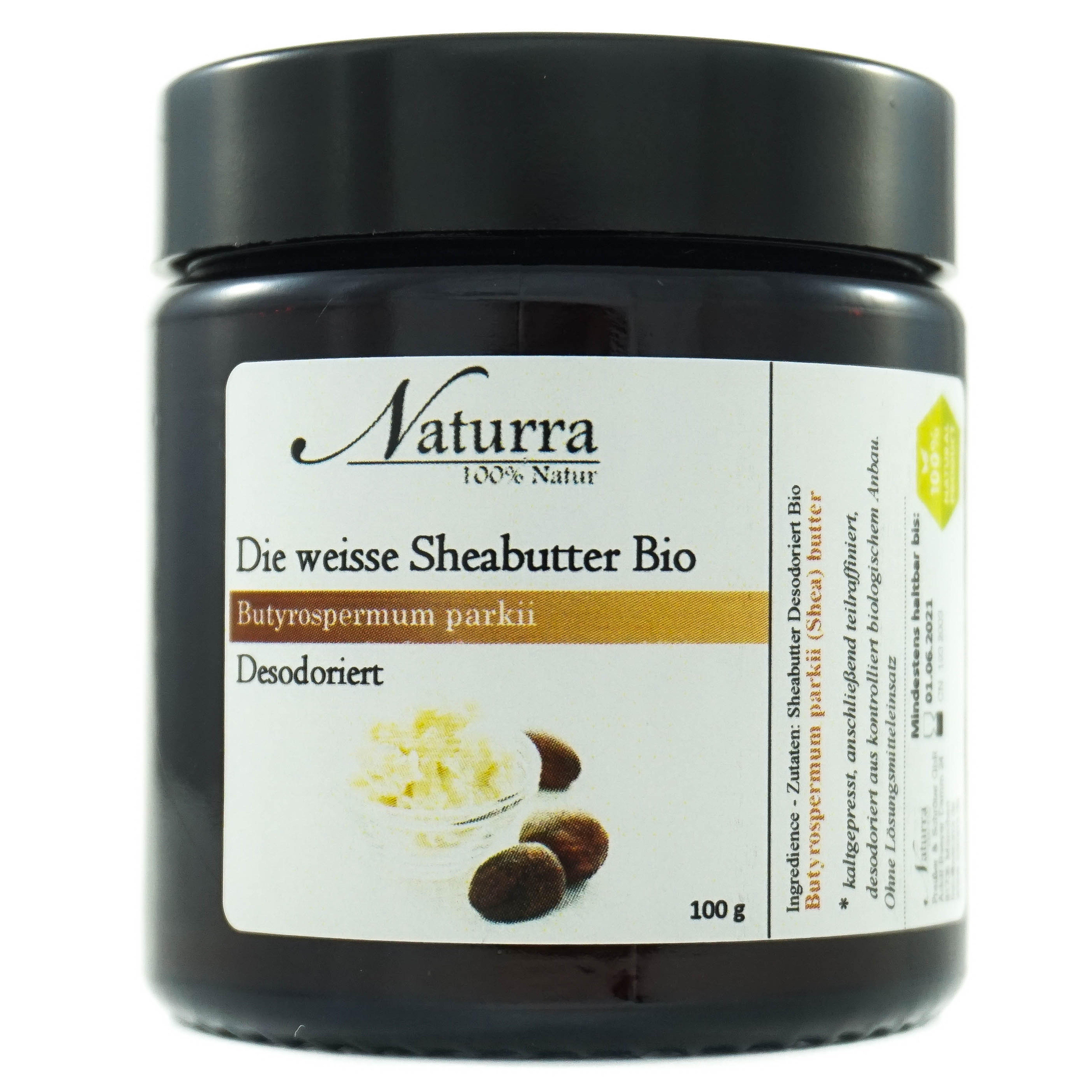 Naturra Körperbutter Bio Sheabutter weiß desodoriert – geruchsneutral im Braunglastiegel, Geruchsneutral, Premiumkosmetik in Lebensmittelqualität, Omega-Öl