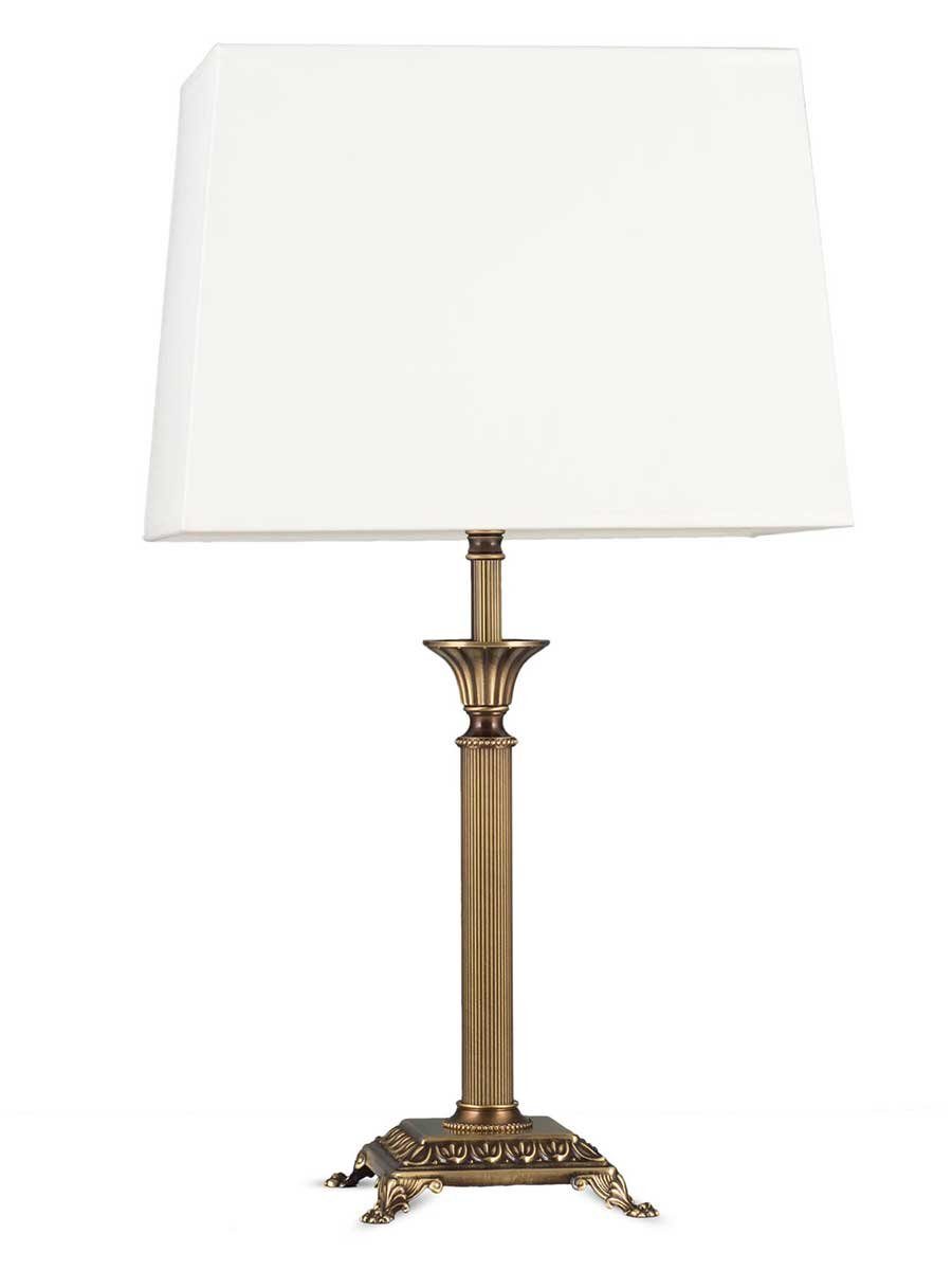 Helios Leuchten Tischleuchte Tischlampe Messing antik Stoffschirm rechteckig weiß, Schreibtischlampe Nachttischlampe, Handarbeit, echtes Messing | Tischlampen