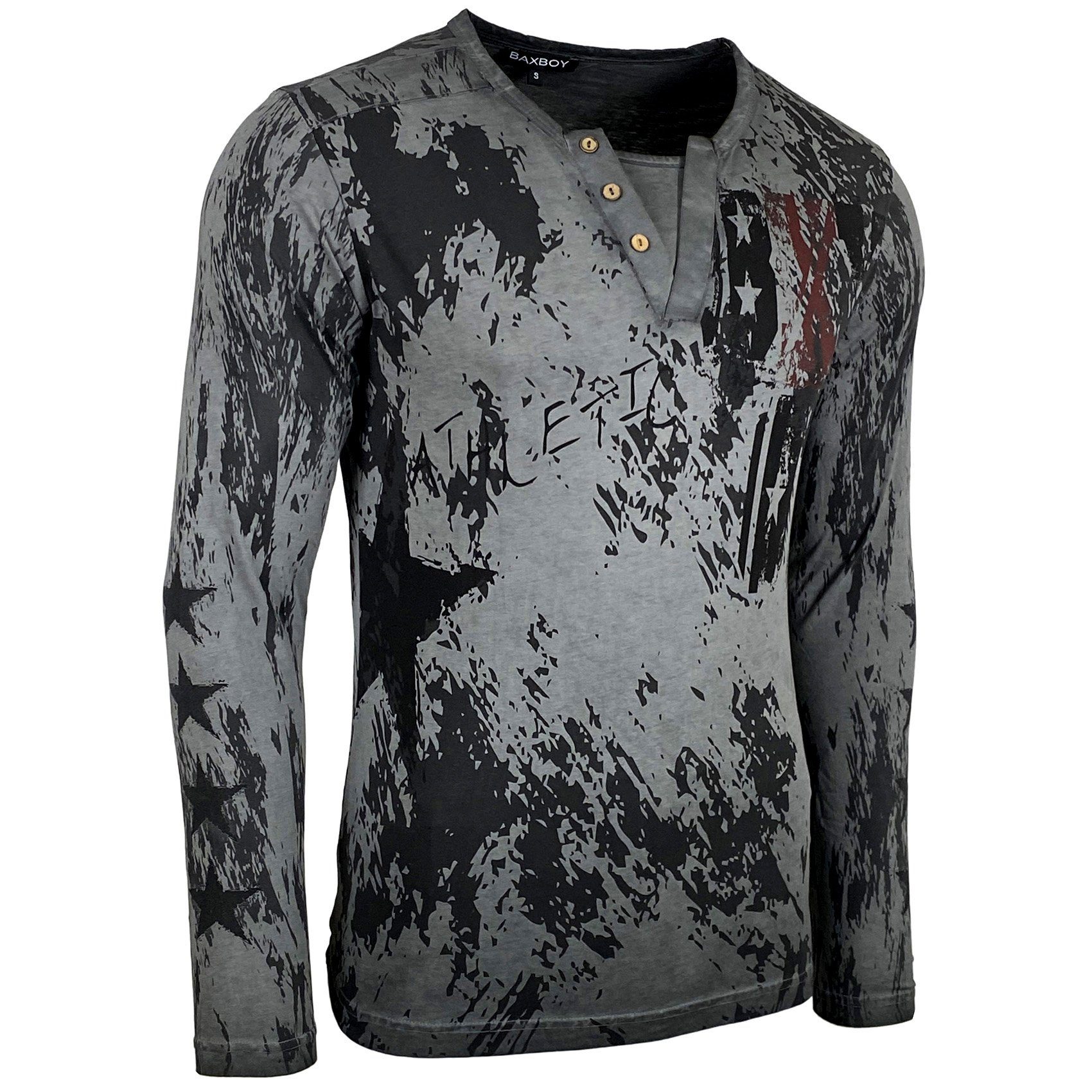 Baxboy Longshirt Langarmshirt mit trendigem All-Over Logo-Print mit Knopfleiste B-702