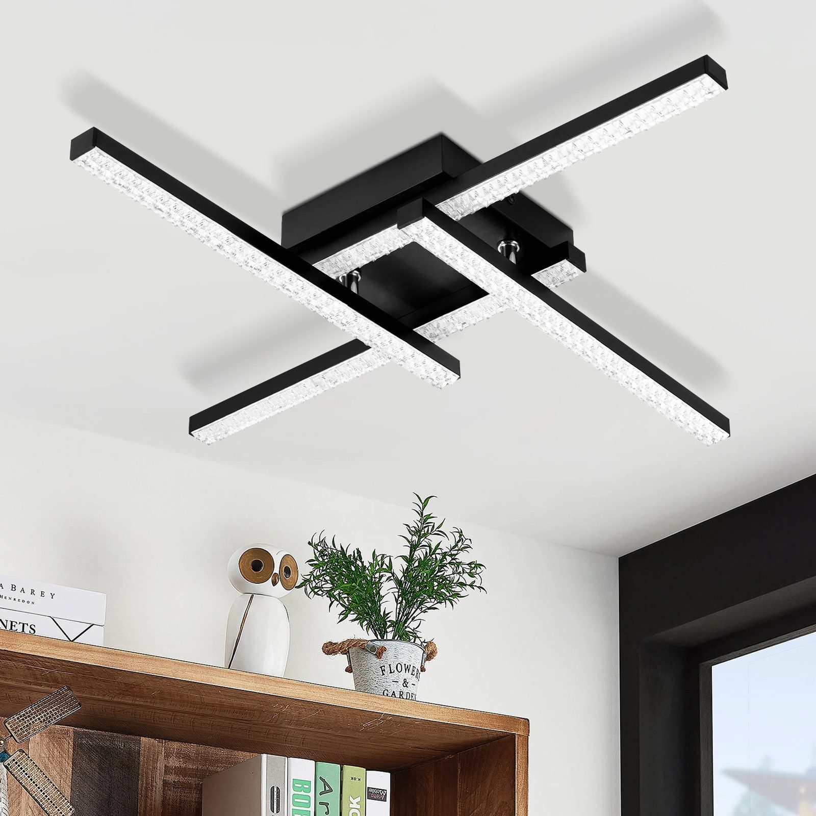 ZMH LED Deckenleuchte Modern, schwarz, 24W, 3000K warmweißes Licht, Kristalllampenschirm, LED fest integriert, Kreuzförmiges Design für Wohnzimmer, Schlafzimmer und Esszimmer