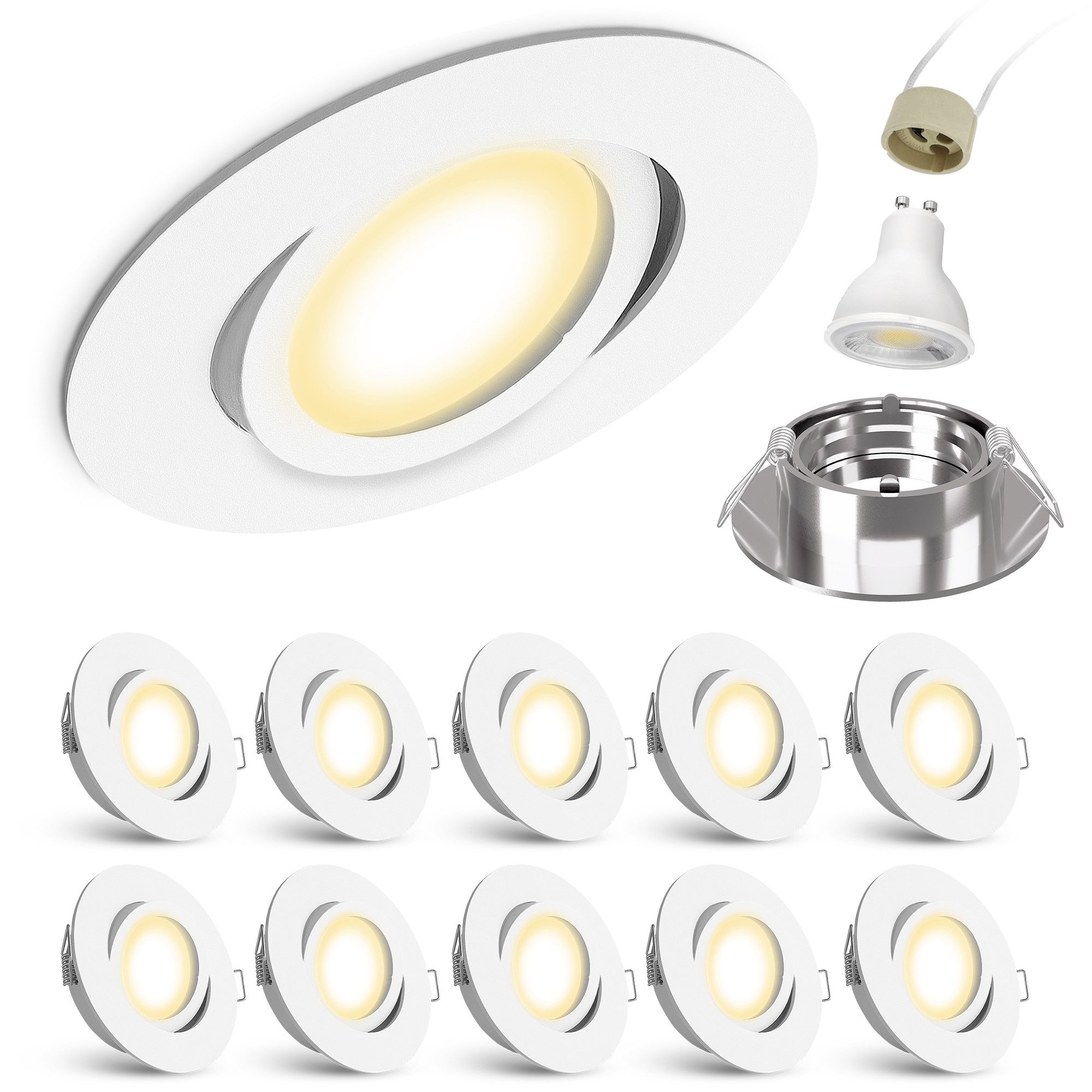linovum LED Einbaustrahler 10 x LED Einbaustrahler weiss rund schwenkbar Spot inkl. LED GU10, Warmweiß