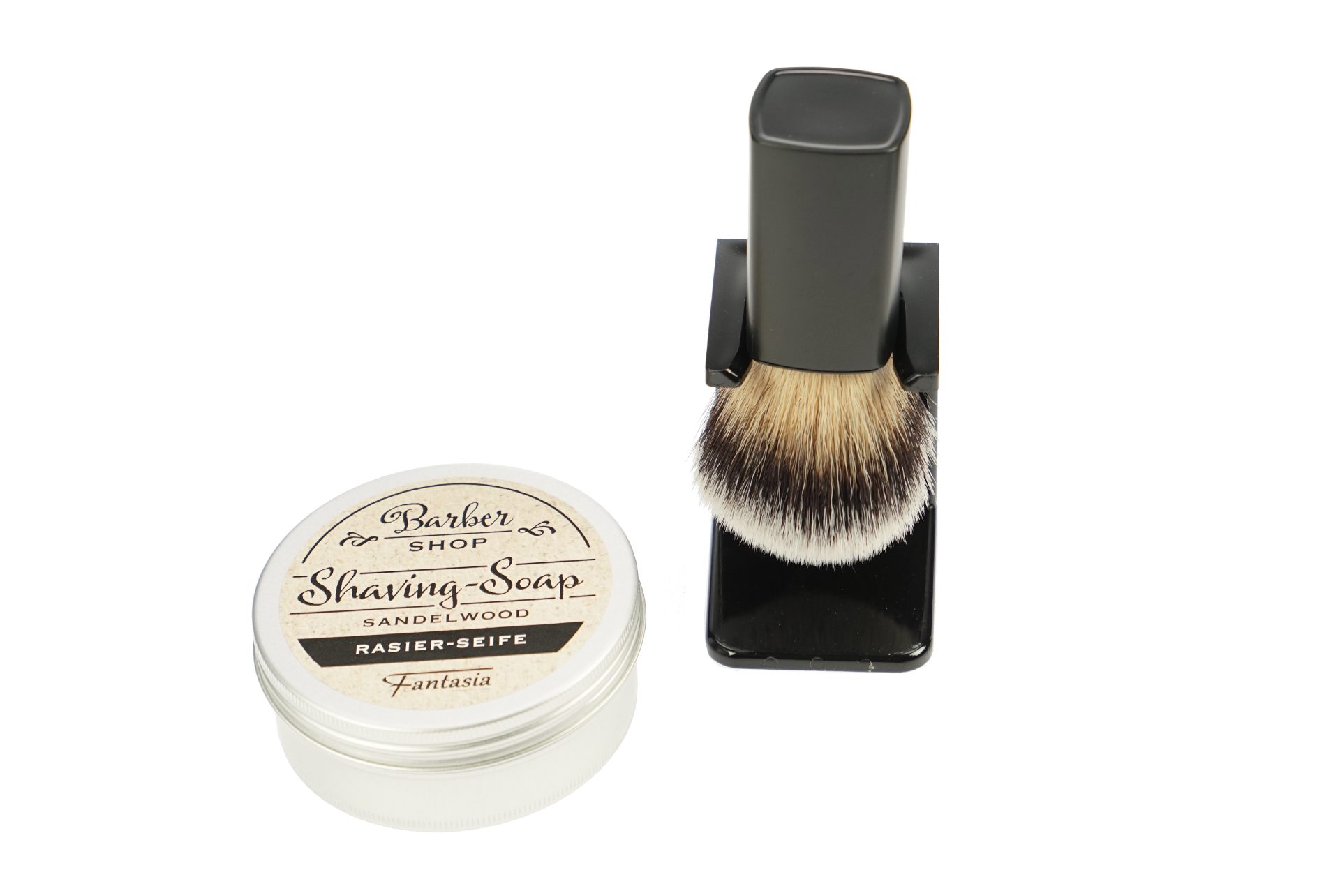 Fantasia Beauty Rasierpinsel-Set Rasierpinsel-Halter, Rasierpinsel Schwarz Synthetikhaar, Rasierseife, 1 tlg., schwarzer Kunststoffgriff, Synthetikhaar