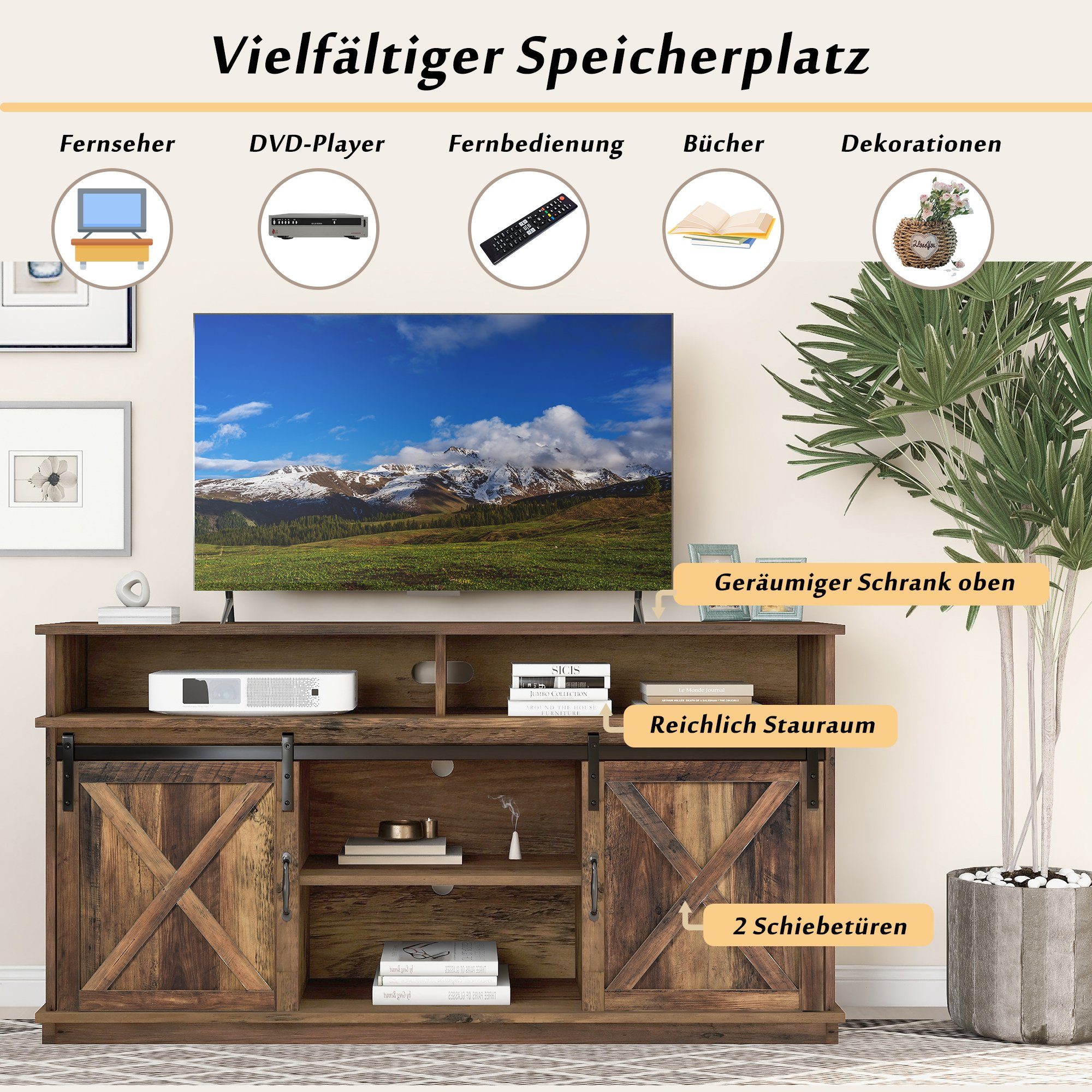 Leicht mit und Wohnzimmer, pflegen Farm-Design Esszimmer, Stand, SPLOE Regalen cm) Struktur Großer Schiebetoren, TV höhenverstellbare TV-Schrank 3 mit 148 * verstellbaren Tragfähigkeit, Fernsehschrank Regale Aussehen zu HAUSS TV-Schrank, * 78 Braun großer Schönes (Stabile Regale 40 reinigen zu für Einstellbare