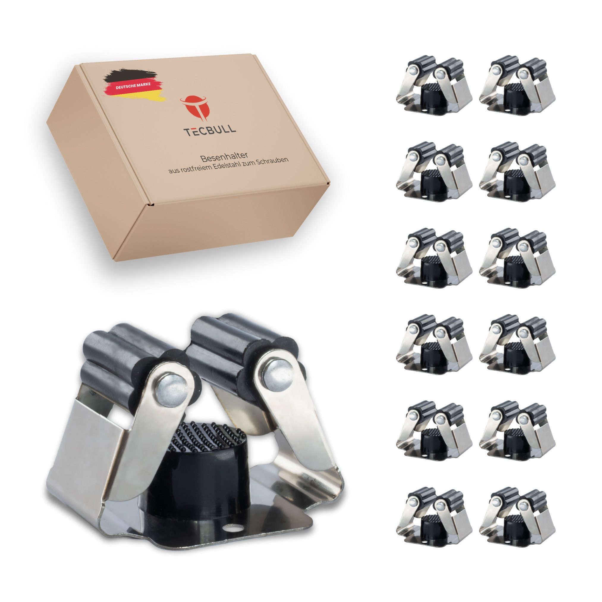 TECBULL Wandhalterung Besenhalter Edelstahl Besenhalterung Wand ohne Bohren, (12-tlg., Mopphalter, Mop Halter, Mopp Halterung, Wischmnopp, Besen, Edelstahl, Silikonrollen)