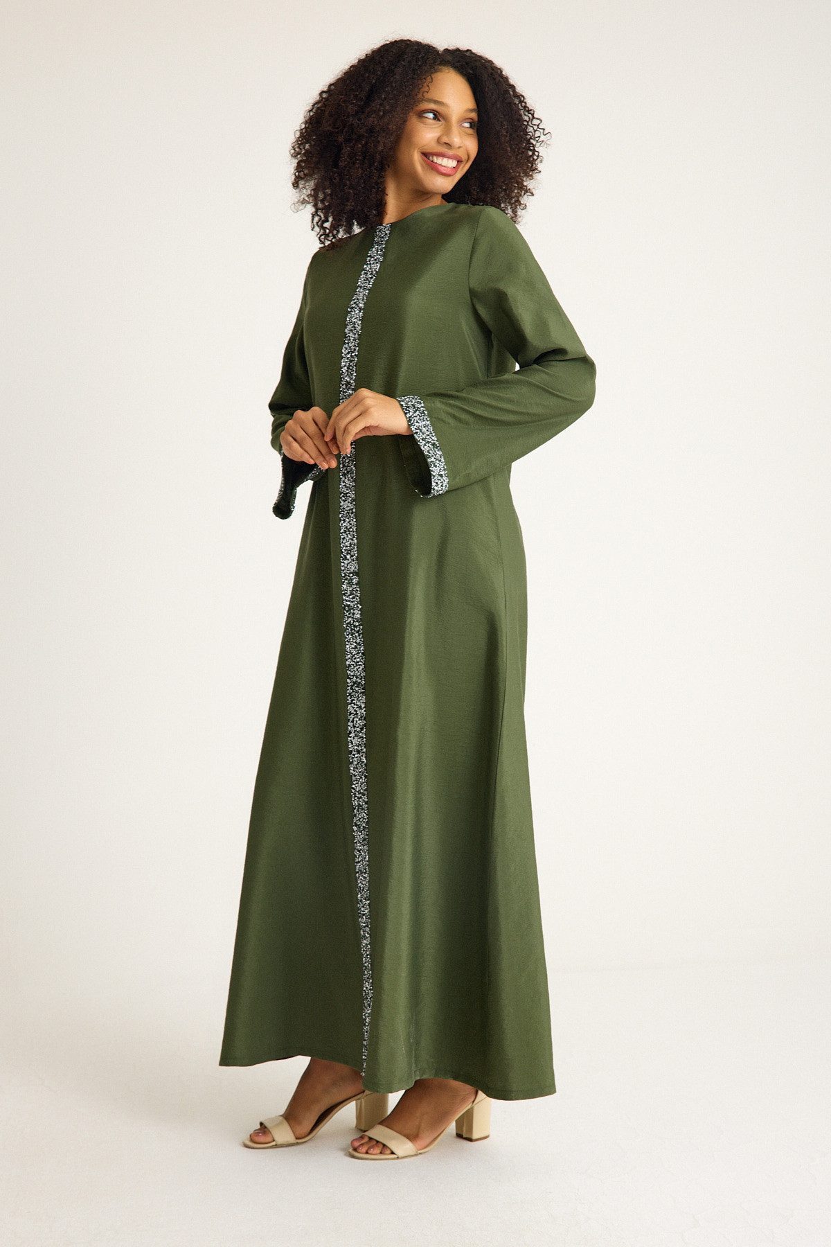 fashionshowcase Tunikakleid Damen Abaya mit Glitzerdetails in Leinenoptik